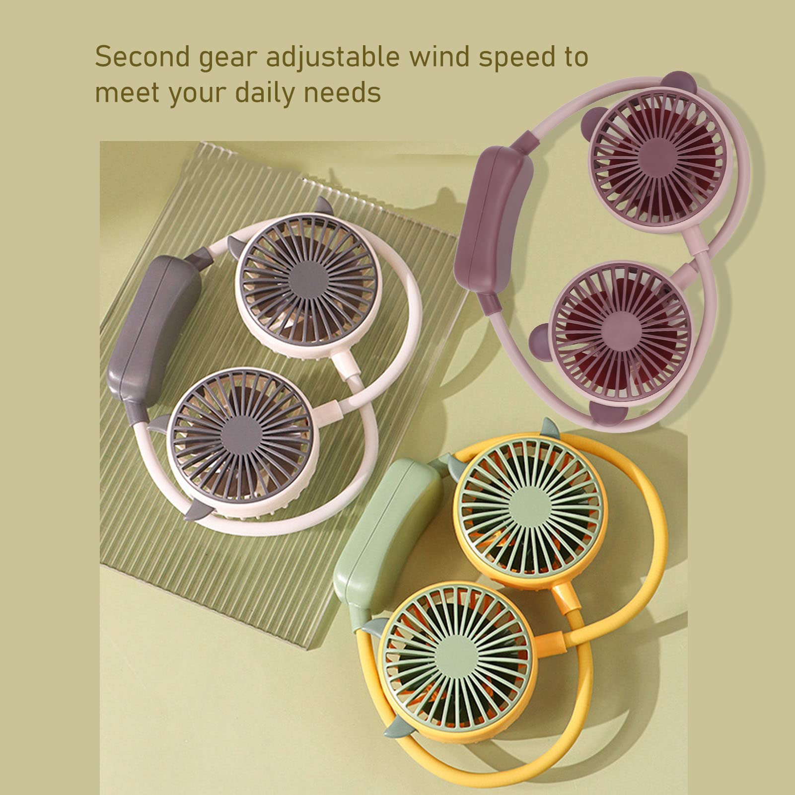 POENVFPO Ventilatore Portatile da Collo, Ventola Sospesa Indossabile Rotante a Doppia Testa a 360° con Tubo Flessibile Pieghevole e 2 velocità per Ufficio, Viaggi, attività All'aperto (WHITE)