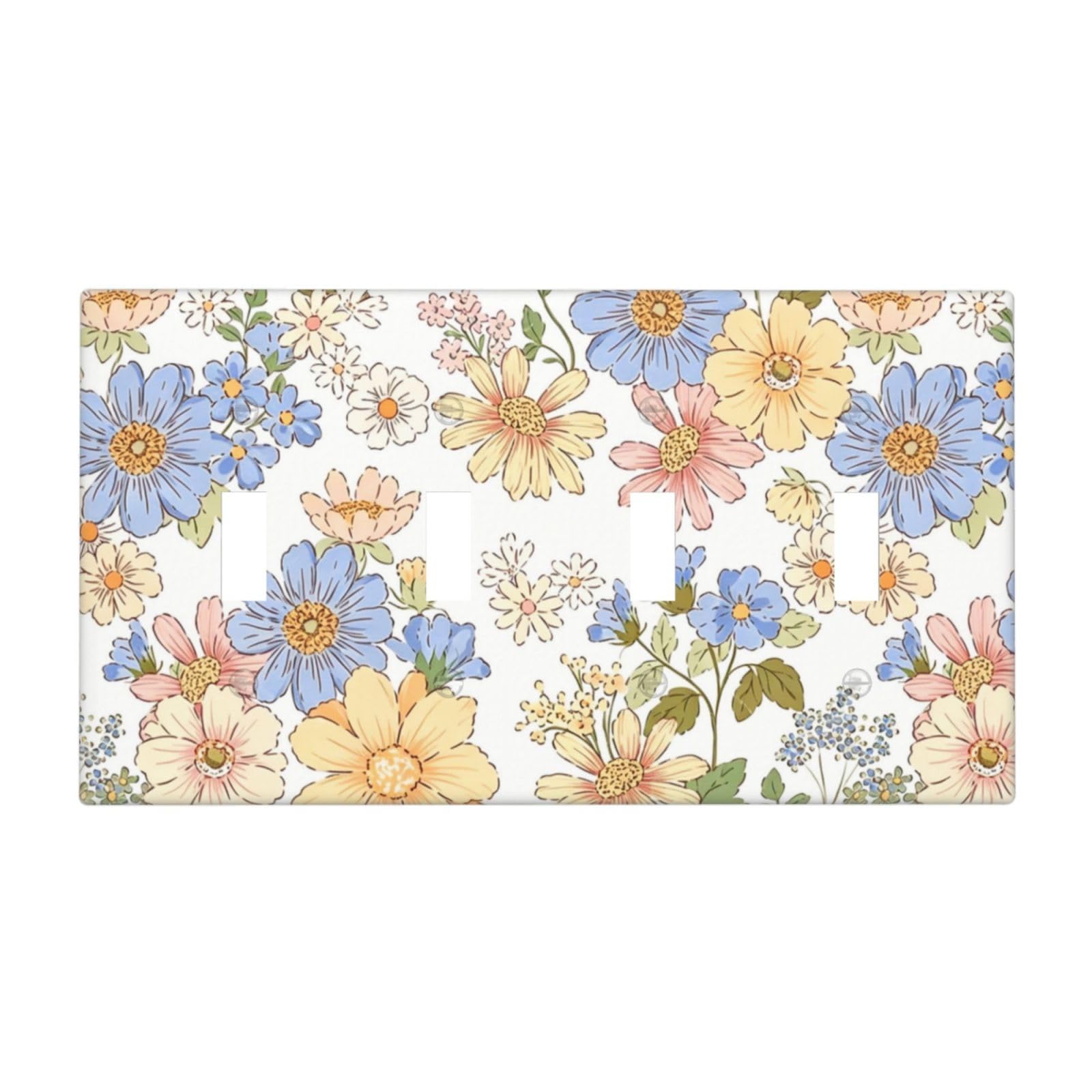 Dwbguo Pastel Wildflower Decorative Light Switch Plate Covers Vintage Pastel Floral Wildflower 4 Gang Artistic Wall Plate Unique Boho Botanical Daisy Flower Quad Toggle Light Switch Covers For Bedroom Bathroom Home