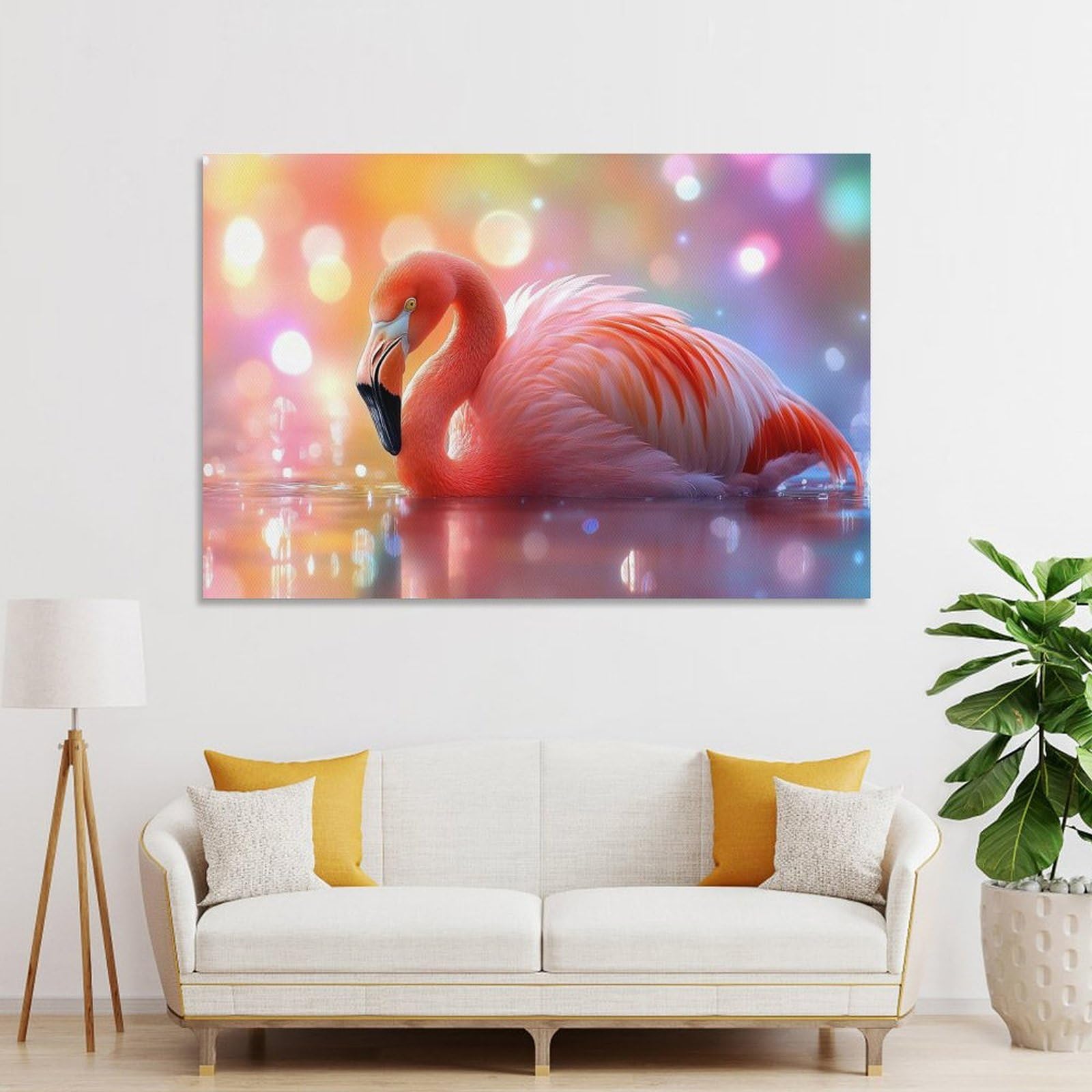 Junmoney Flamingo in Water with Bokeh Lights Canvas Art Print, 24x36inch(60x90cm), for Living Room, Bedroom Or Home Office, A Wall Art Gift for Fresh Interiors