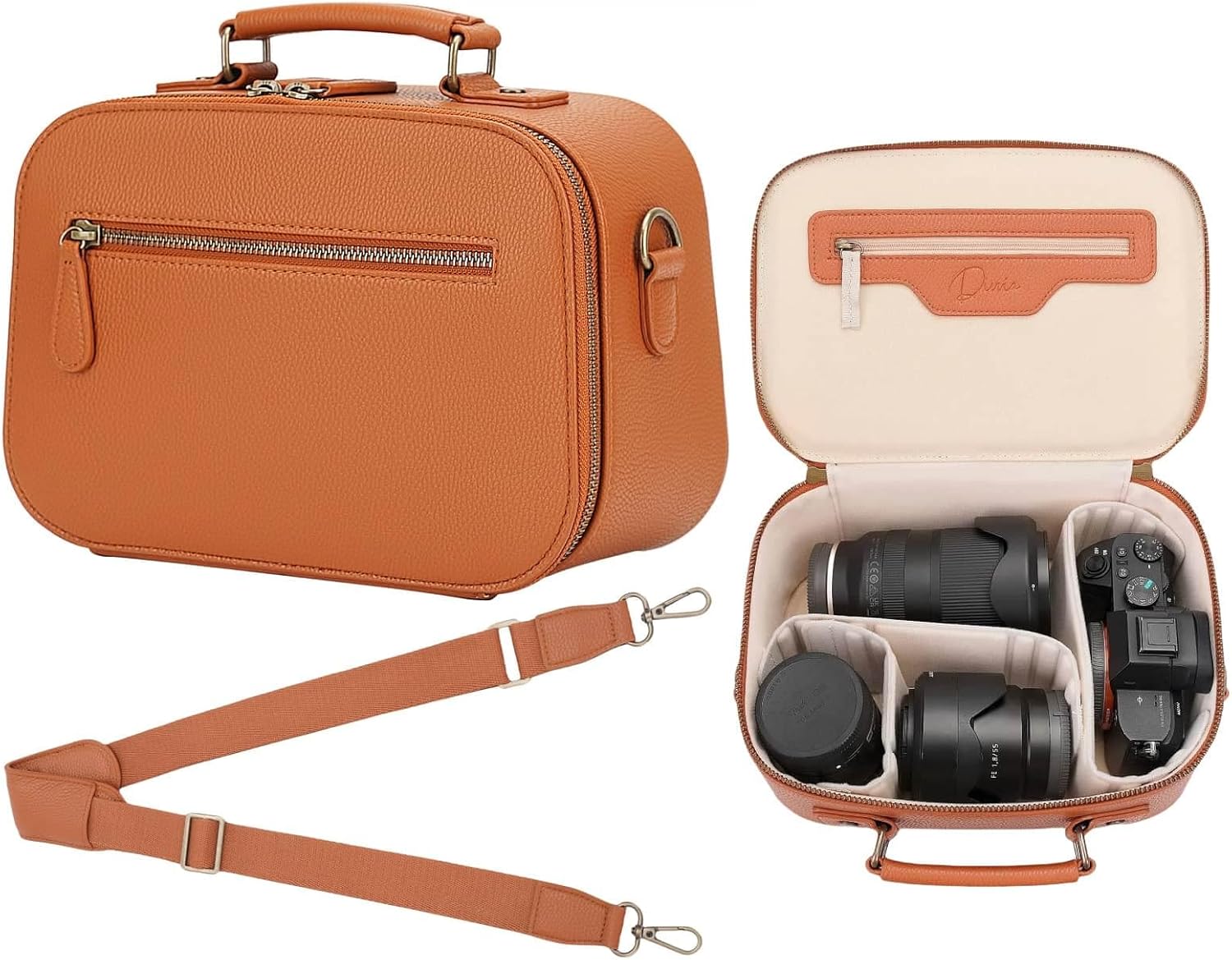 Divvia Camera Sling Bag, Waterproof PU Leather Crossbody Camere Bag for Photographers, Small Shockproof Case with Removable Dividers for DSLR/SLR/Mirrorless, 4L Brown