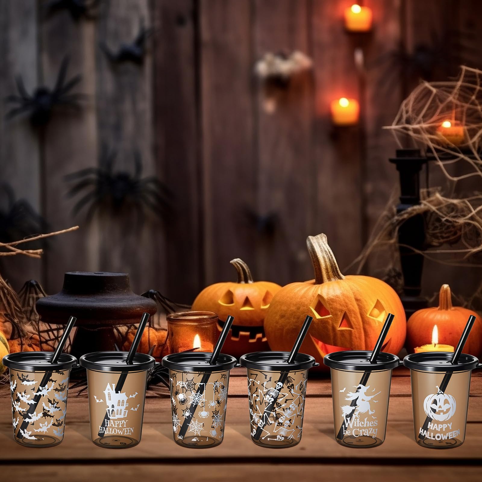 Nuanchu Halloween-Becher für Kinder, Kunststoffbecher mit Deckel und Strohhalmen, 284 ml, wiederverwendbare Kleinkindbecher für Halloween-Party, Geschenkzubehör (24 Stück, dunkel)
