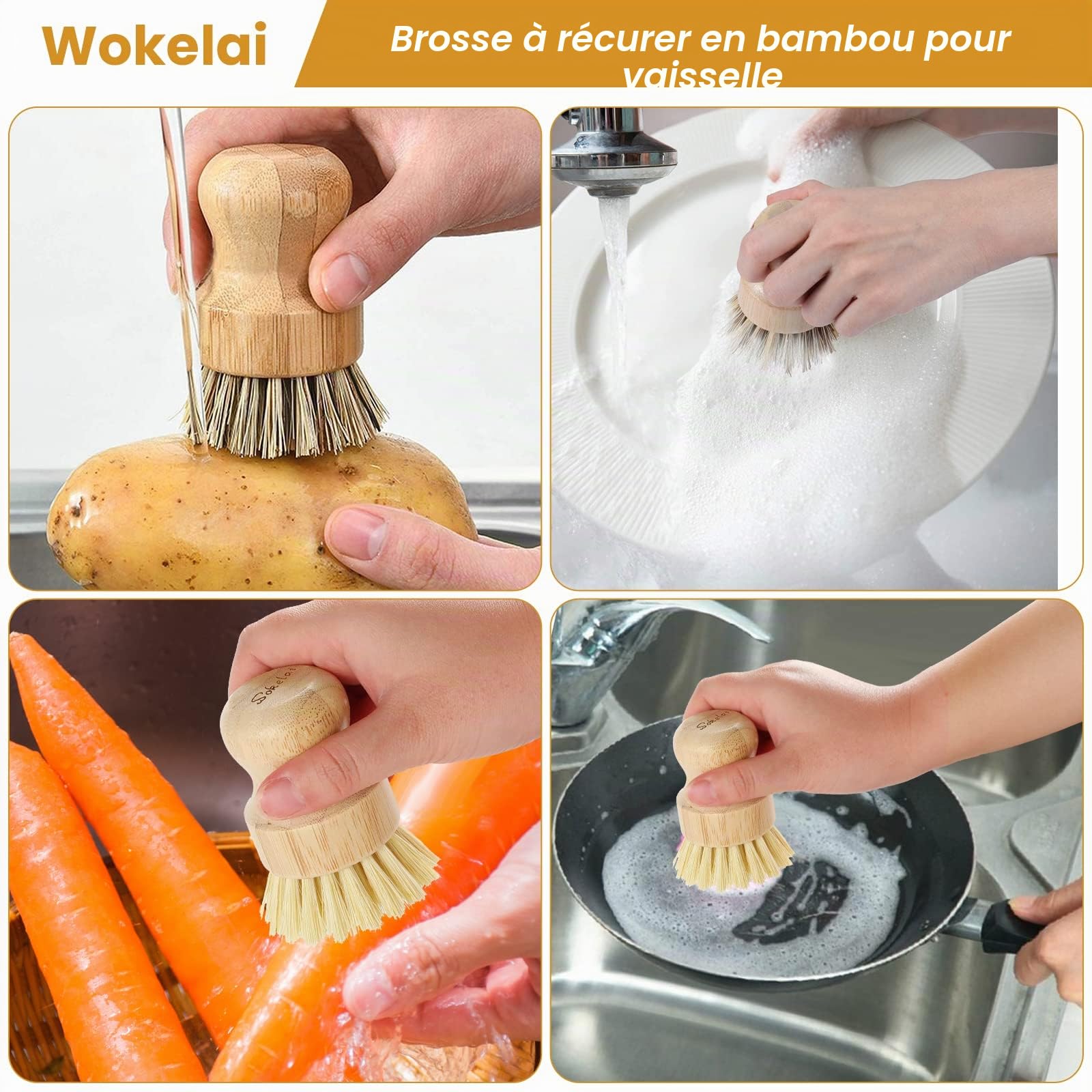 Brosse à vaisselle en bambou pour cuisine – Respectueux de l'environnement en fibre de sisal naturel pour la vaisselle, les casseroles, les poêles, les légumes, l'évier