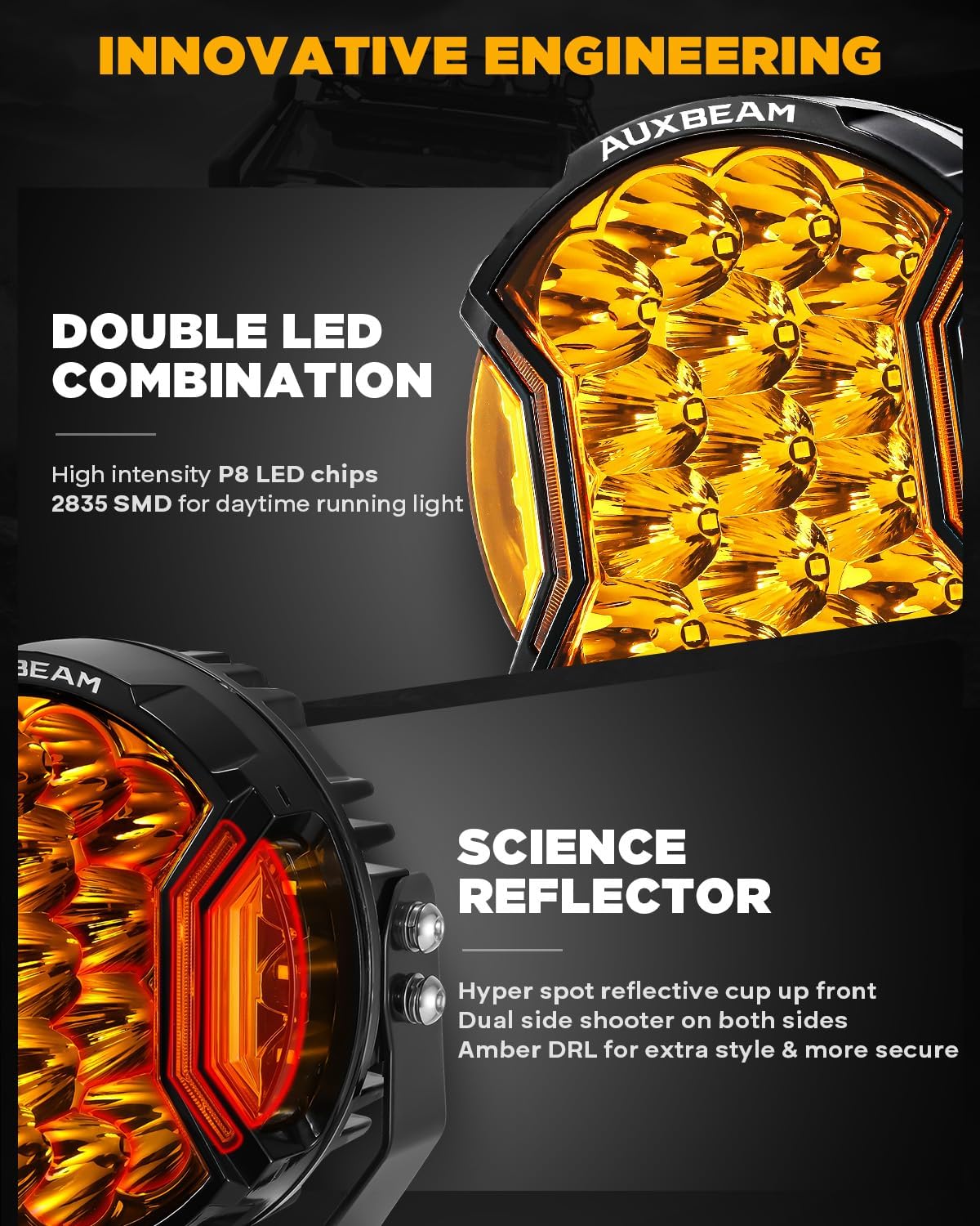 Auxbeam V-Ultra Series 7" Side Shooter Offroad Lights, Hyper Spot Beam with Protective Covers, 270° Lighting Range, Amber DRL 3 Modes, Round 汽车用品 Light Bar, Off-Road Fog Lights