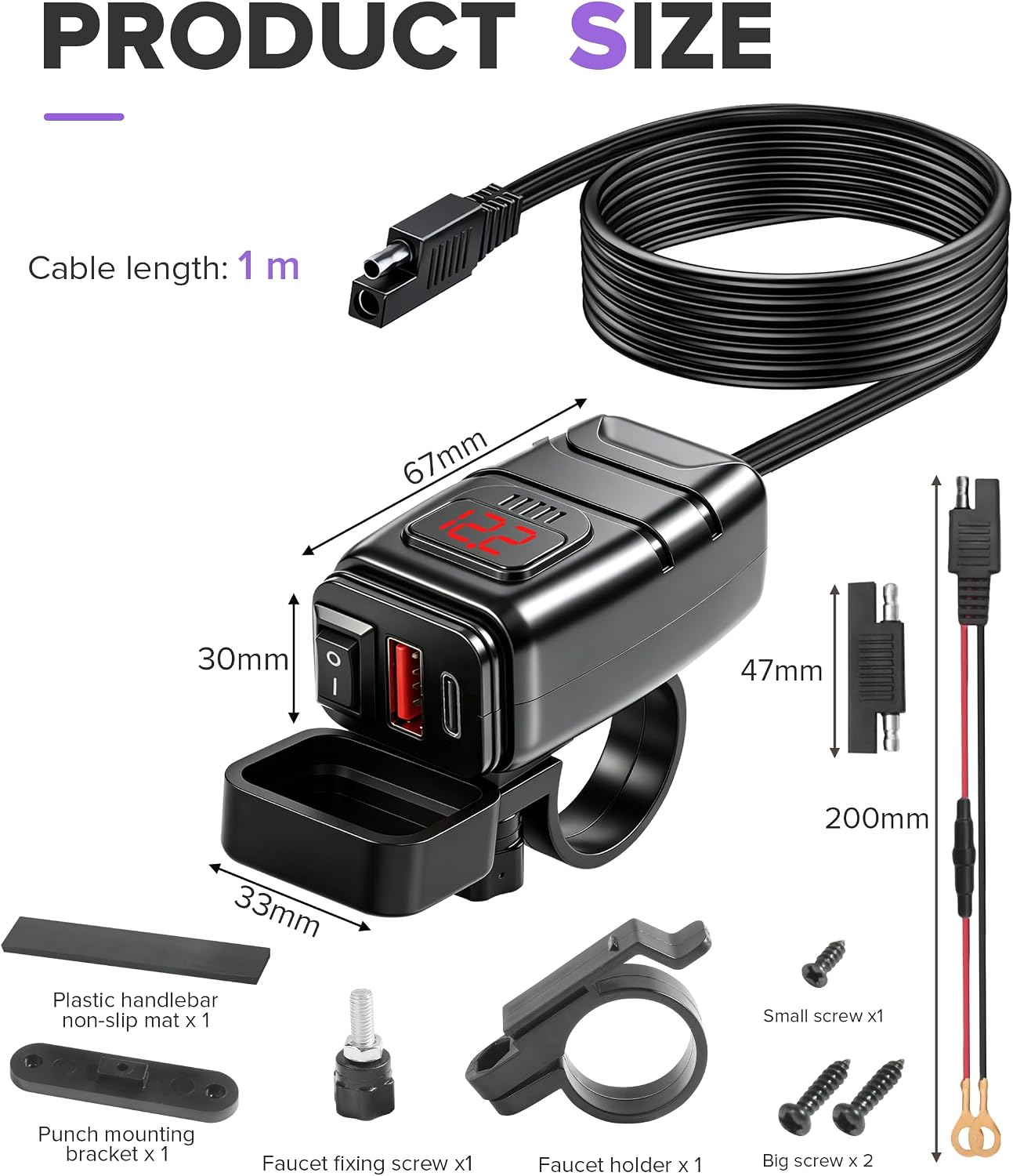 Motorcycle Phone Charger,Car Accessories Universal Motorcycle USB Charger with Voltmeter and ON/Off Switch,Compatible with IPad,iPhone,iPod,HTC,PDAs,MP3 Players,Suitable for Most Cars