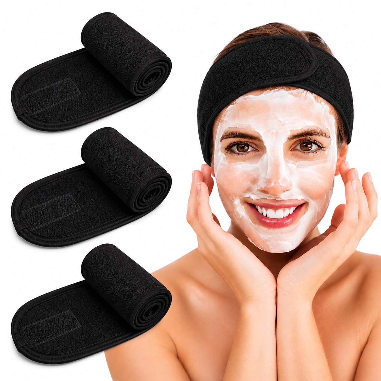 Premium Spa Headband for Women & Girls | Soft Terry Cloth Facial Makeup Headband with Adjustable Velcro | Reusable Face Wash Hair Band for Skincare, Spa, Yoga & Salon | (Black)-image-24
