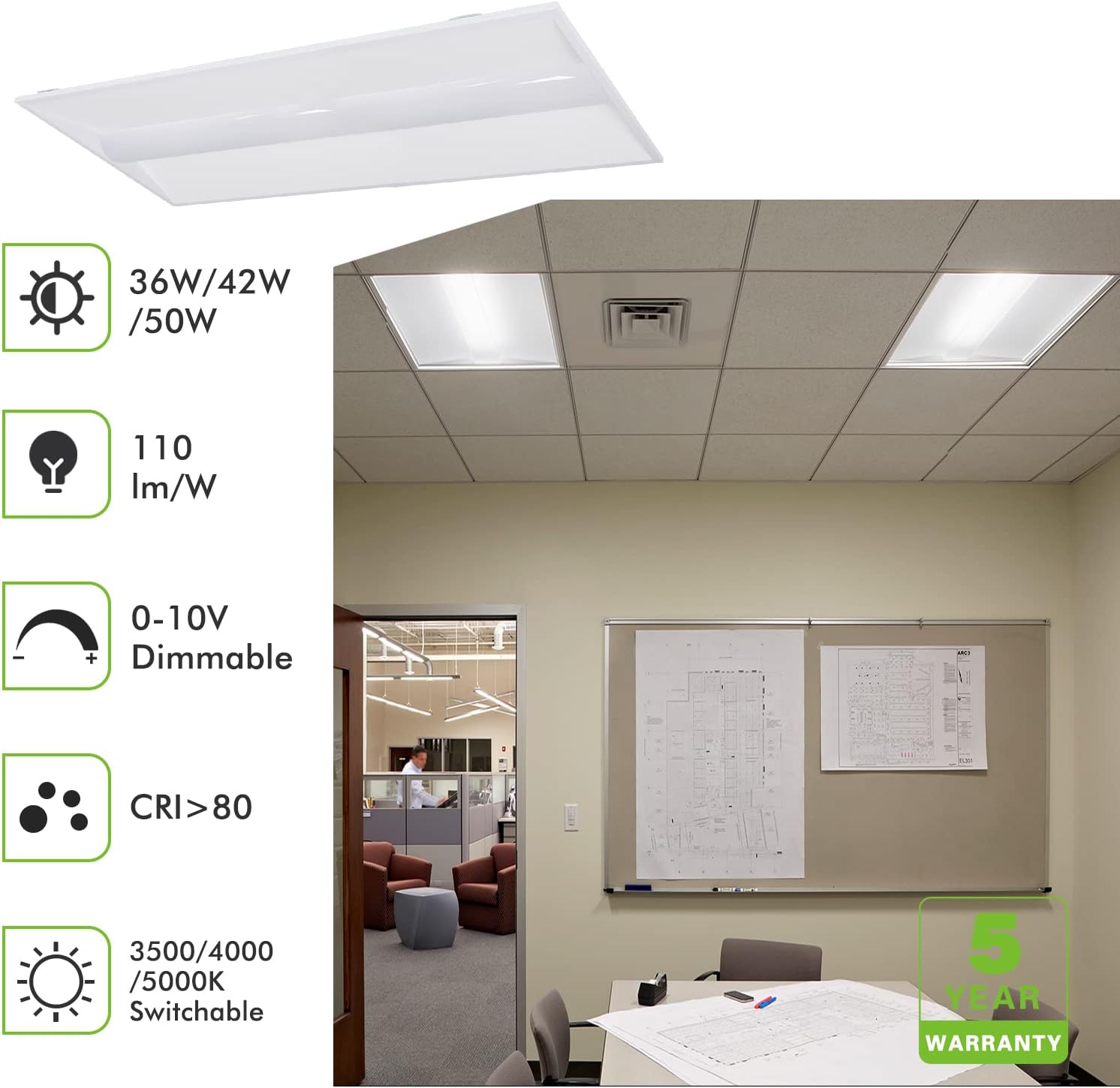 hykolity 2x4 LED Troffer Panel Light, 36W/42W/50W Switchable, 3500K/4000K/5000K, 3960/4620/5500 Lumens, 0-10V Dim for Drop Ceiling, CCT Watt Tunable LED Flat Troffer, ETL, 4 Pack