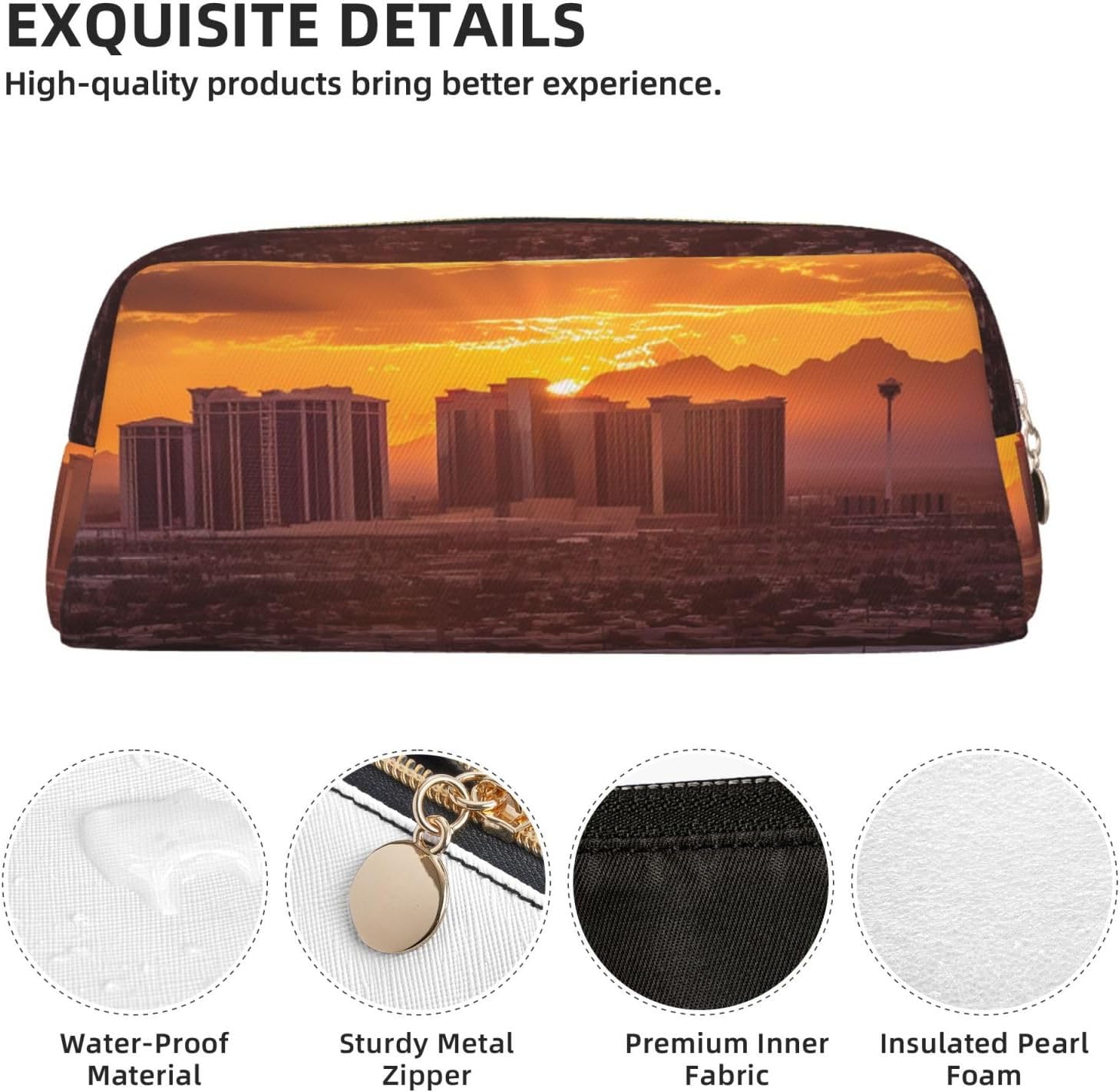 Leather Makeup Bag for Purse Travel Portable Small Pencil Bags for Women Men Las Vegas Sunset Cosmetic Bag with Zipper Pencil Pouch Aesthetic Coin Pouch Adults Desk Organizer image 5