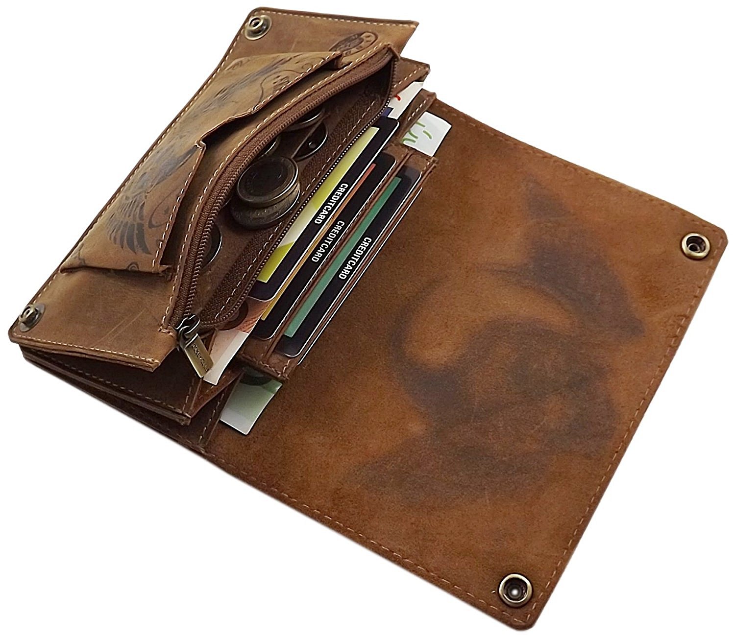 myledershop Cuero de búfalo Motero Cartera con Cadena metálica con Calavera-Motivo y Desmontable Tarjetero con Bloqueo RFID y NFC en marrón
