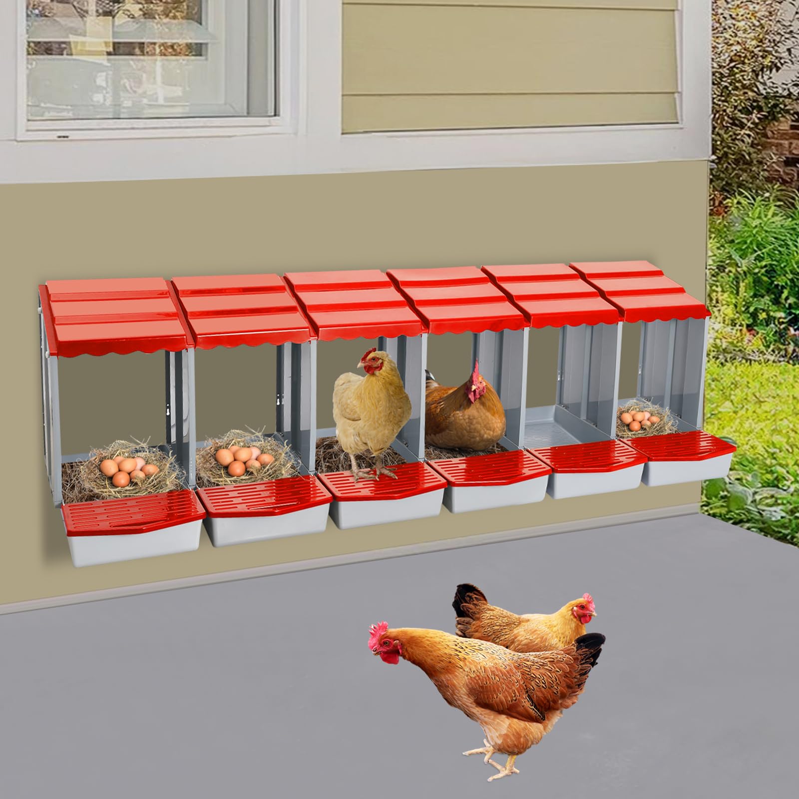 Nido de pollo con 6 cámaras, nido de plástico para montaje en pared, nido de aves de corral para huevos puestos, fácil limpieza (rojo)