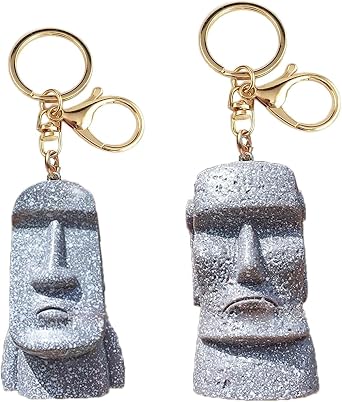 2PCS Easter Island Figurine Keychains, Moai Statue Sculpture Keyring Pendant for Bag Backpack Car Key