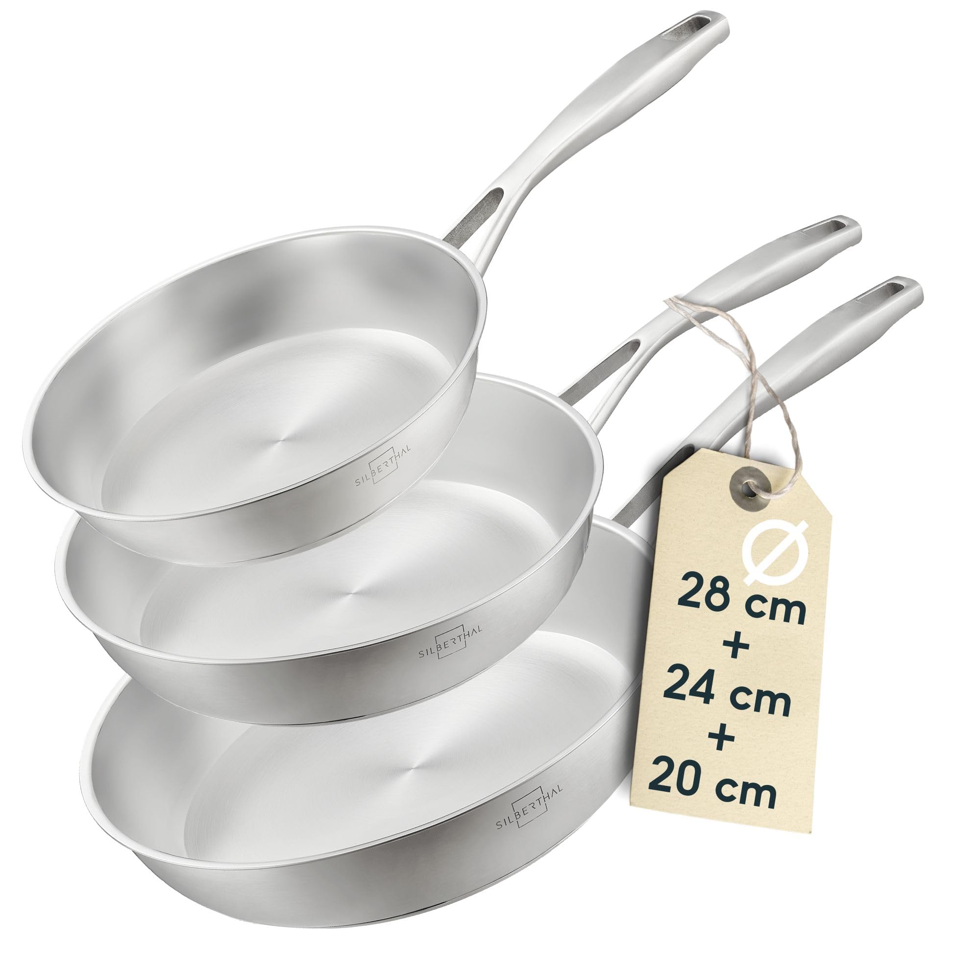 SILBERTHAL Set padelle acciaio inox 20 24 e 28 cm - Induzione gas e forno 400ºC - Senza rivestimento 18/10 - Triplo fondo