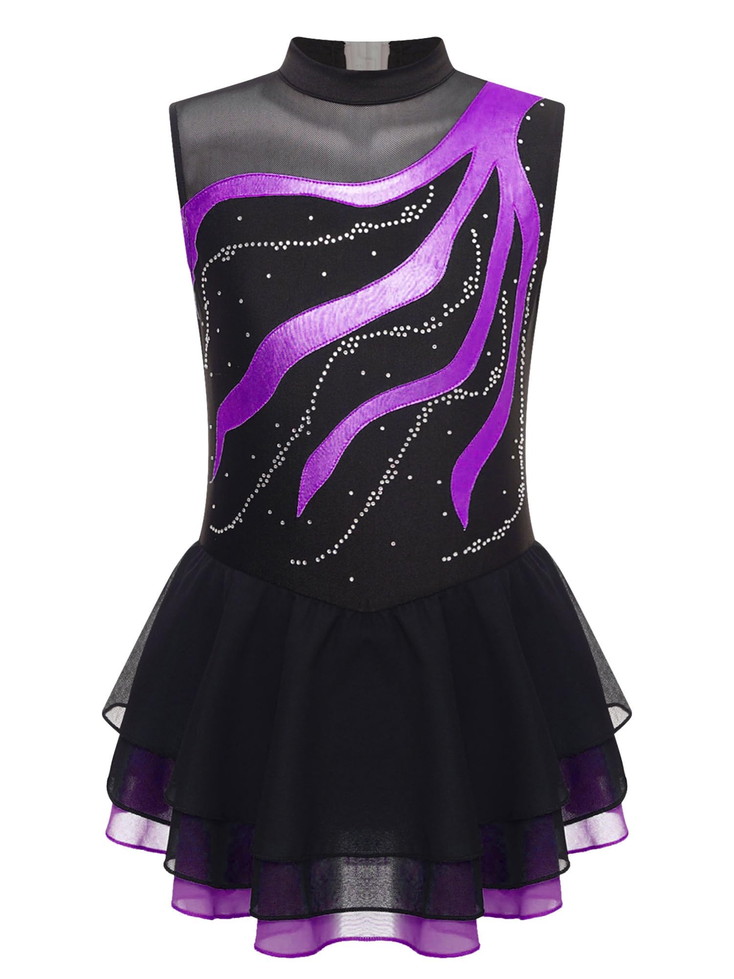 IEFIEL Vestido de Patinaje Artístico para Niña Maillot Ballet con Falda Malla de Gimnasia Rítmica sin Mangas con Lentejuelas Brillantes Vestido de Danza Lírica — view 37