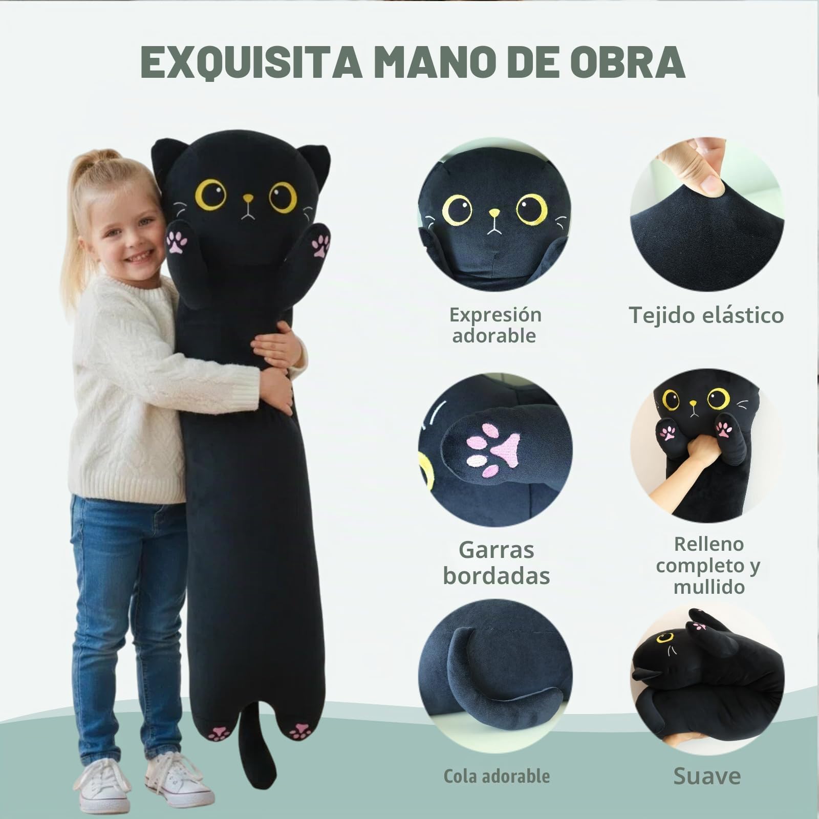 Gato de peluche negro de 60 cm, suave cuerpo de gato largo de felpa para dormir y acurrucarse, gran gato negro de peluche, cuerpo de gato de felpa para niños