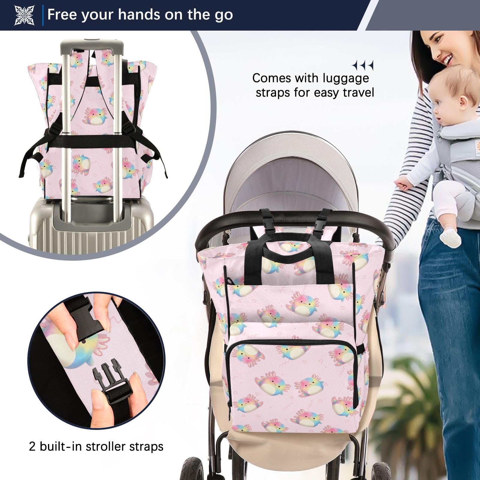 Mnsruu Borsa per pannolini per bambini con motivo Axolotl colorato zaino grande borsa impermeabile da viaggio borse per pannolini per mamme e papà