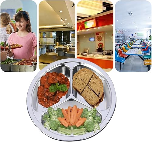 Miniatura 4 de Platos redondos divididos, paquete de 2 bandejas de acero inoxidable 304 de 9.5 pulgadas, 3 secciones, placa de control de porciones para