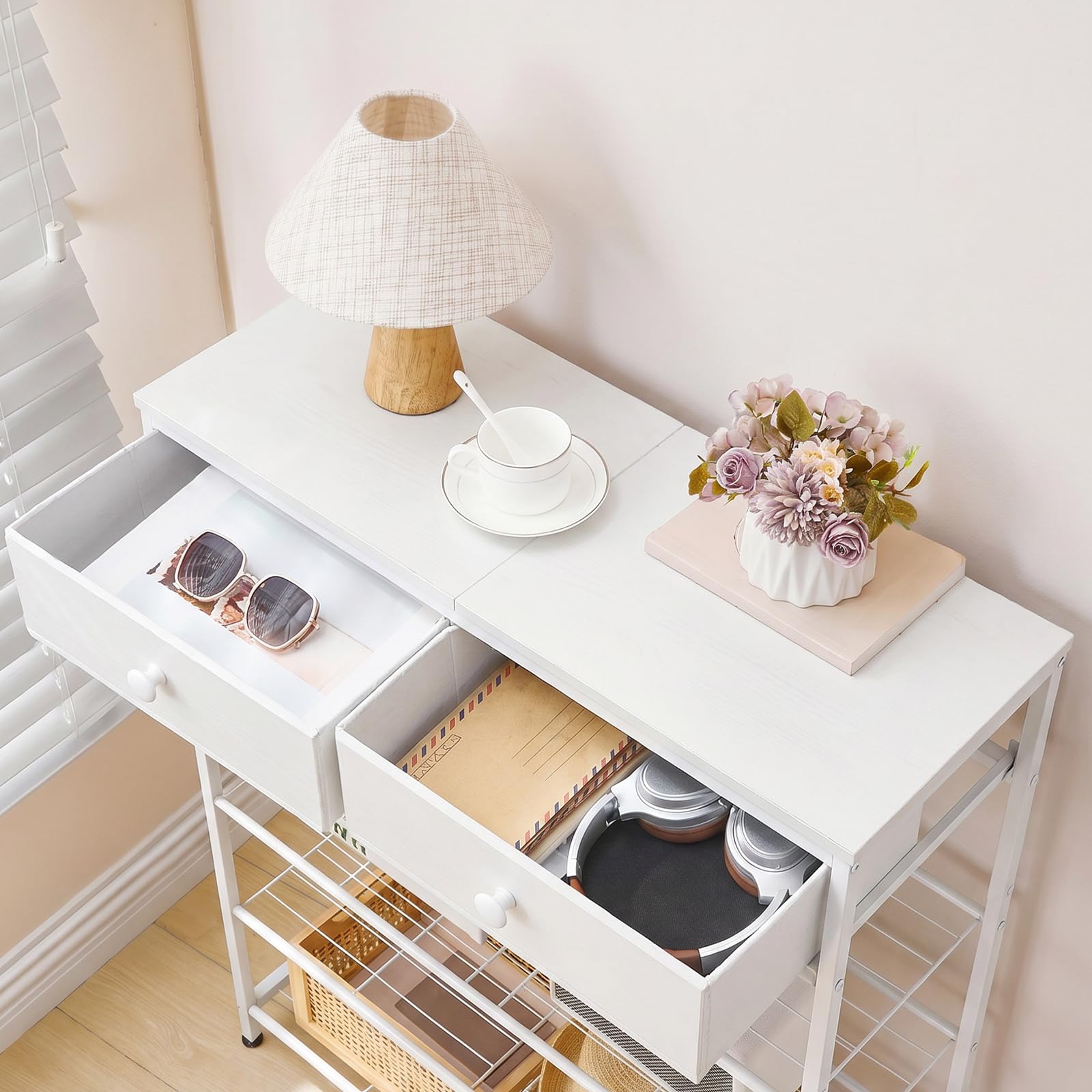 HOOBRO Zapatero con 2 Cajones y 4 Estantes de Rejilla, Mesa de Consola Estrecha para Recibidor, Estantería de 75 x 28 x 93 cm para Entrada, Sala de Estar, Balcón, Blanco EWW178XJ01