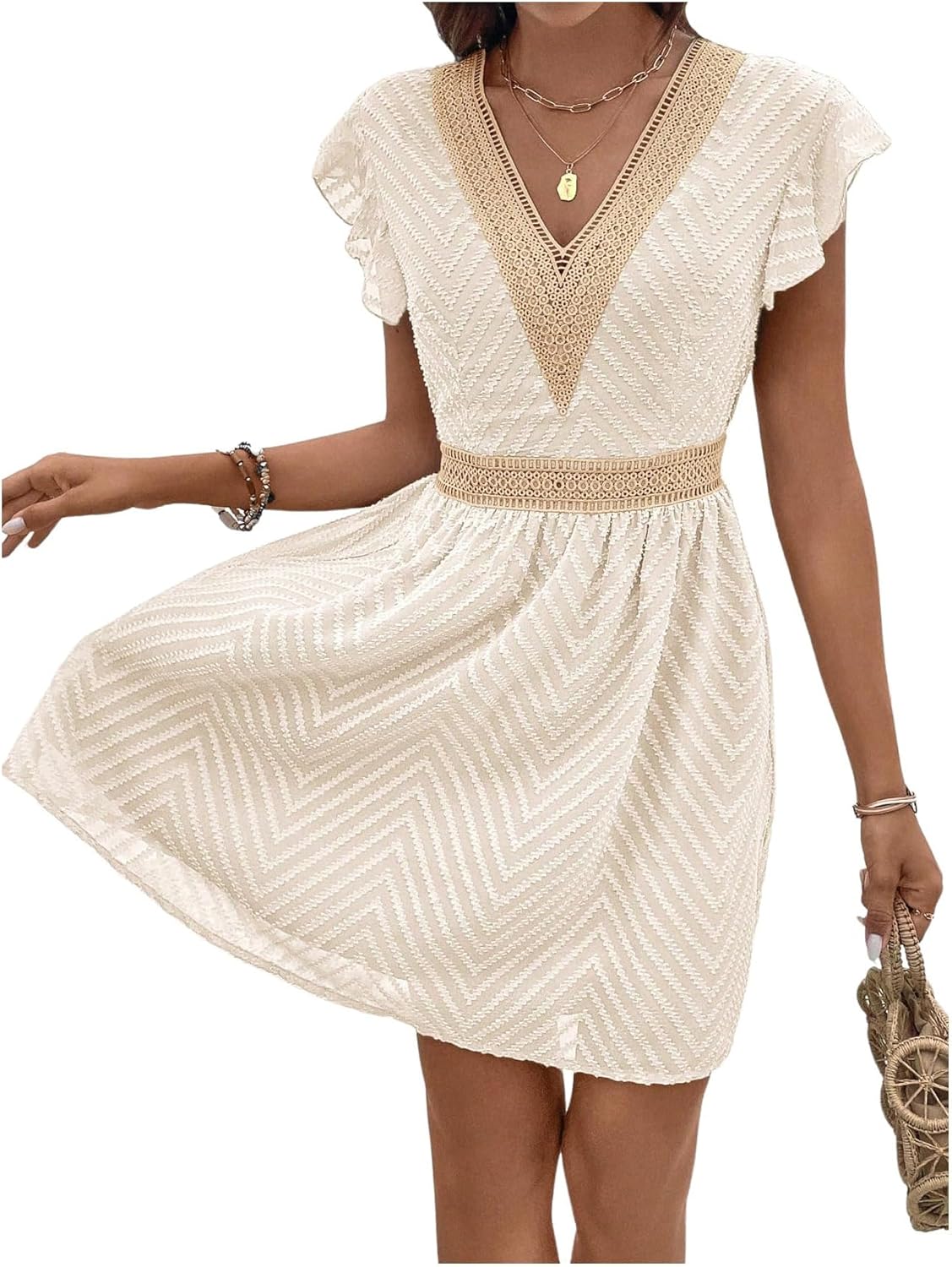 MakeMeChic Women's Contrast Lace Mini Dress Ruffle Sleeve V Neck Boho Beach Vacation Summer Dresses