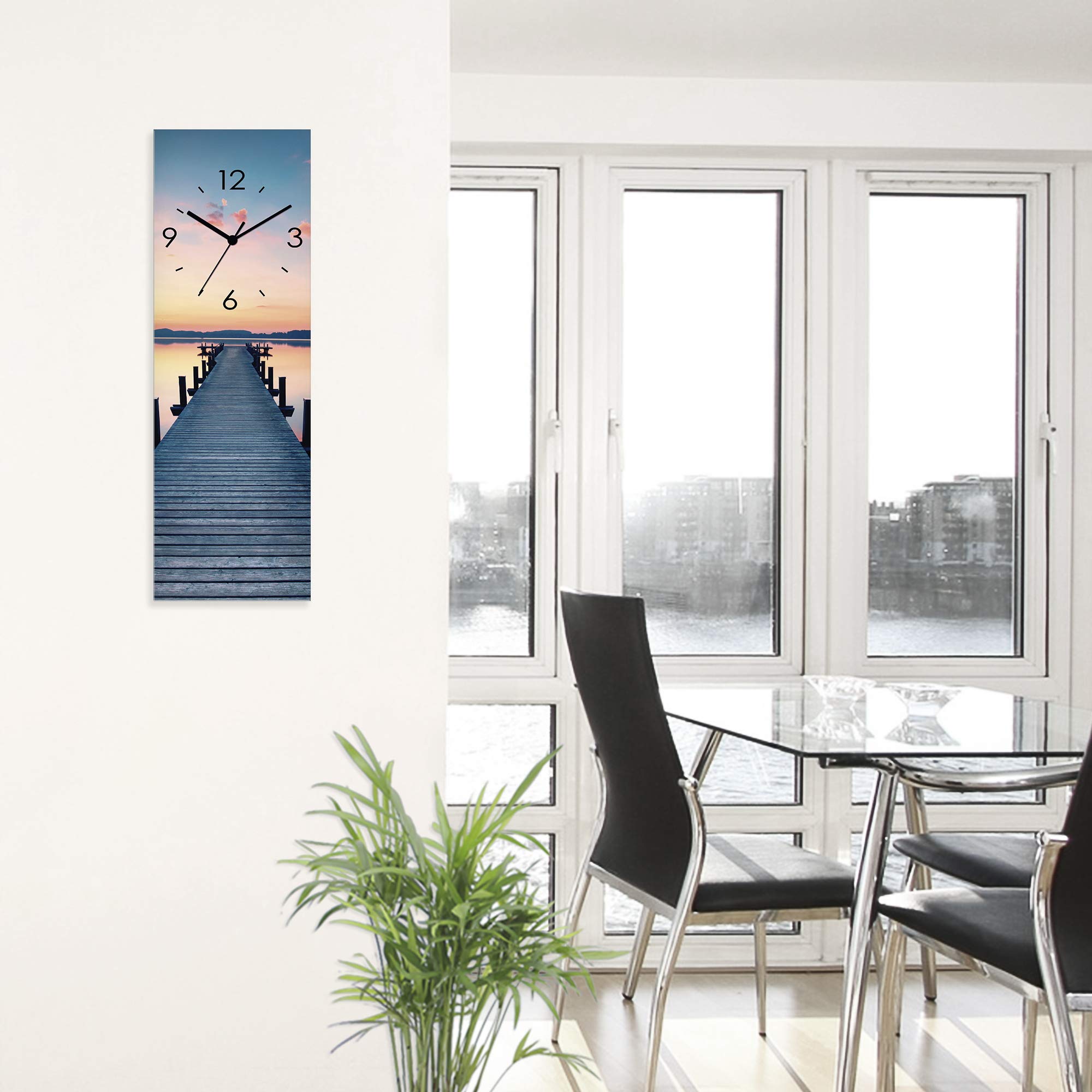 ARTLAND Wanddeko Wanduhr ohne Tickgeräusche Glas Funkuhr 20x60 cm Rechteckig Lautlos Natur See Steg Sonnenaufgang Urlaub Modern T9QL