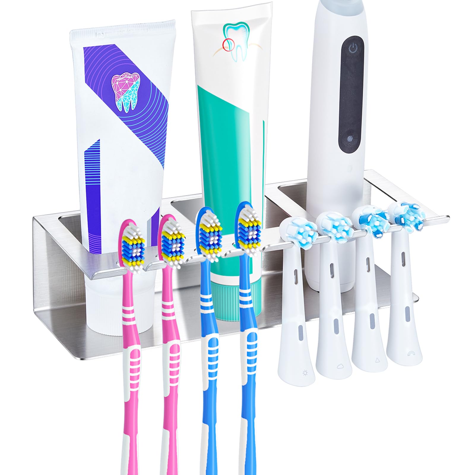 Soporte para cepillo de dientes de acero inoxidable, 3 compartimentos, montaje en pared, soporte para cabezal de cepillo de dientes eléctrico, color plateado