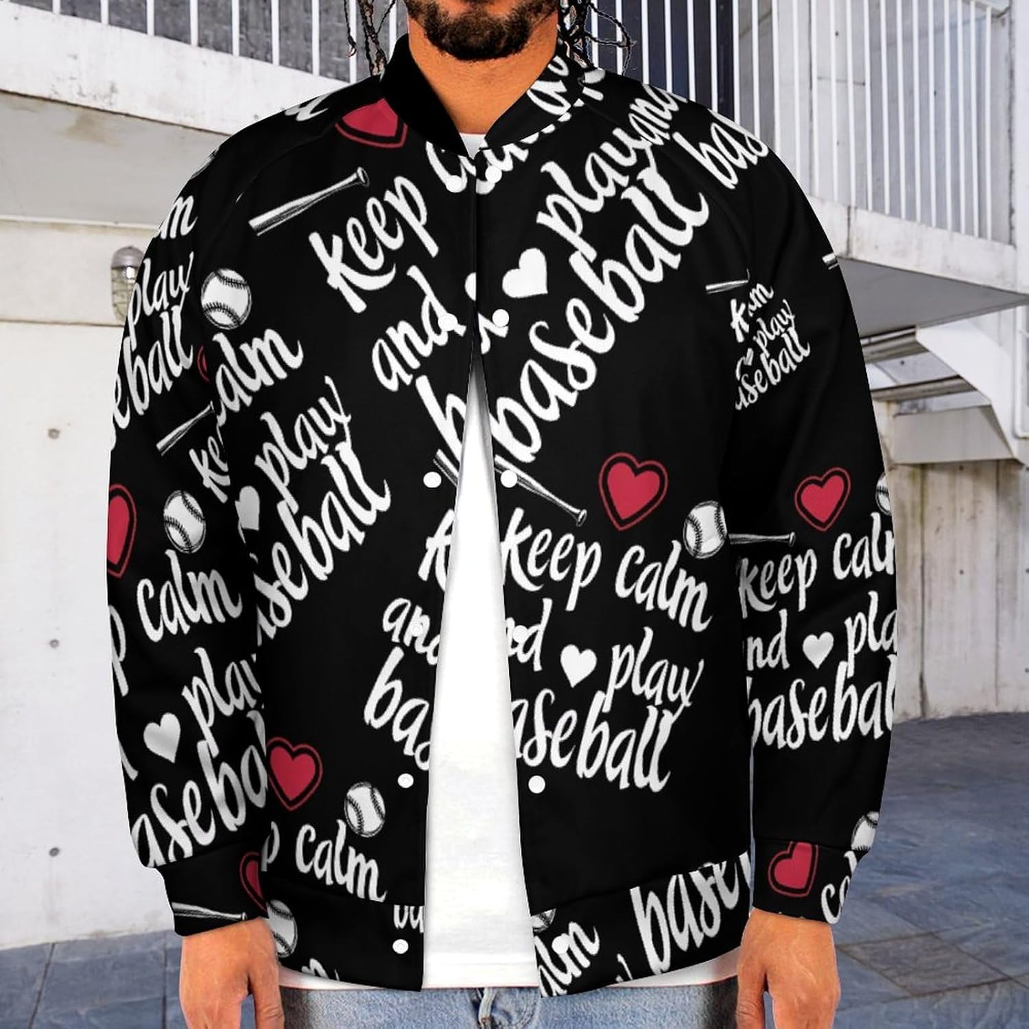 Keep Calm And Play Baseball Novelty Men's Baseball Jackets Causal Sweatshirt Button Top Long Sleeve Coat