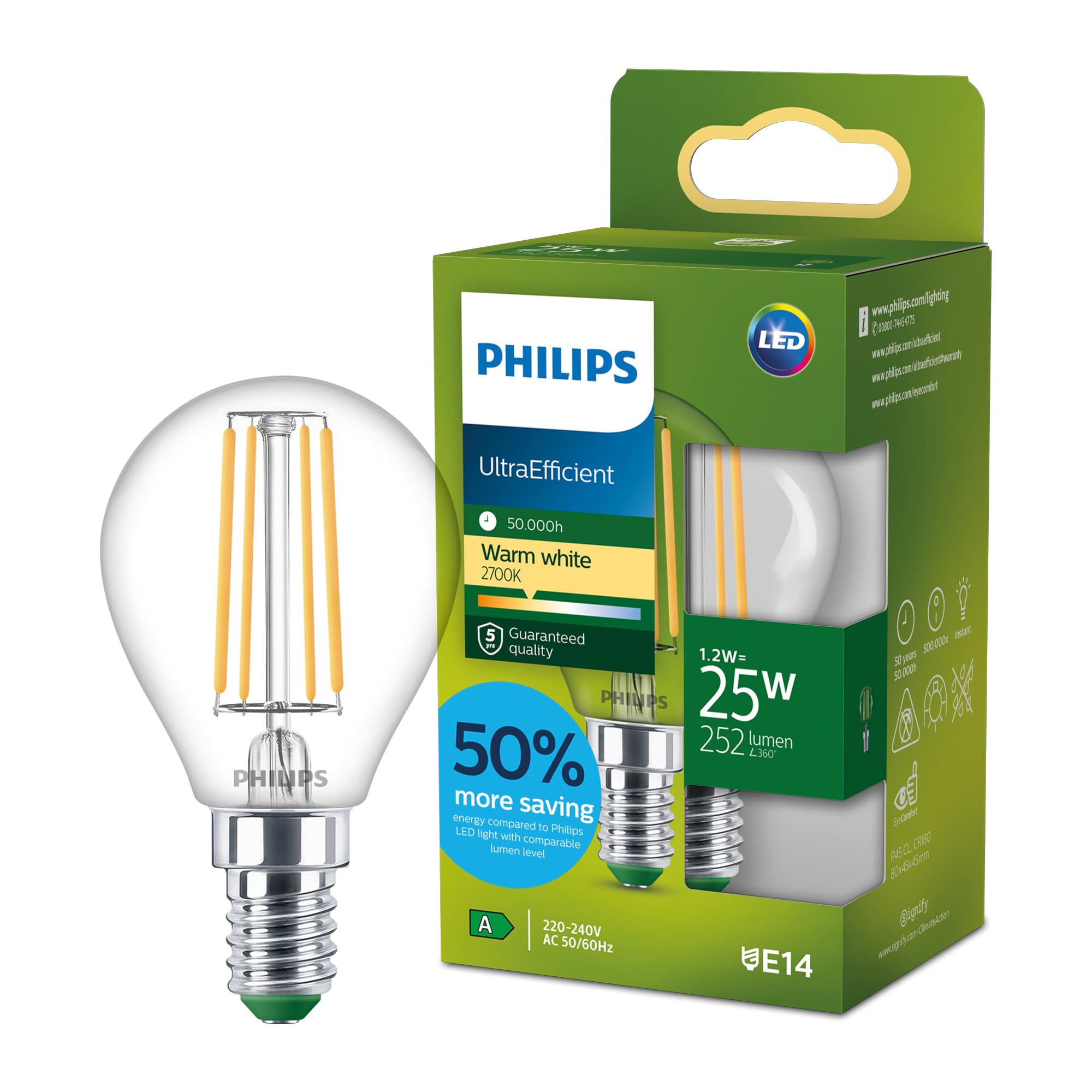 Philips LED UltraEfficient Clear P45 Filament Bulb, E14 Small Edison Screw, Energy Class A, 252 lm, 25W Equivalent, Warm White (2700K), EyeComfort, 50,000 Hours, 1 Pack