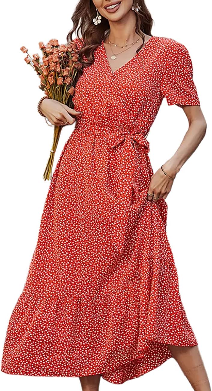 WISFRUITWomens Casual Floral Summer Maxi Dress Wrap V Neck Short Flutter Sleeve A Line Boho Flowy Belted Dresses