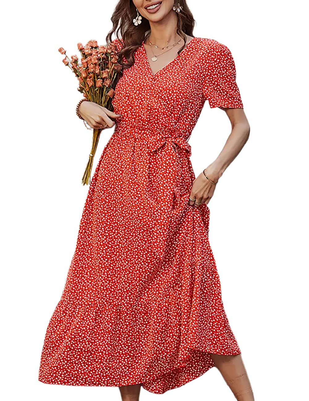 WISFRUITWomens Casual Floral Summer Maxi Dress Wrap V Neck Short Flutter Sleeve A Line Boho Flowy Belted Dresses