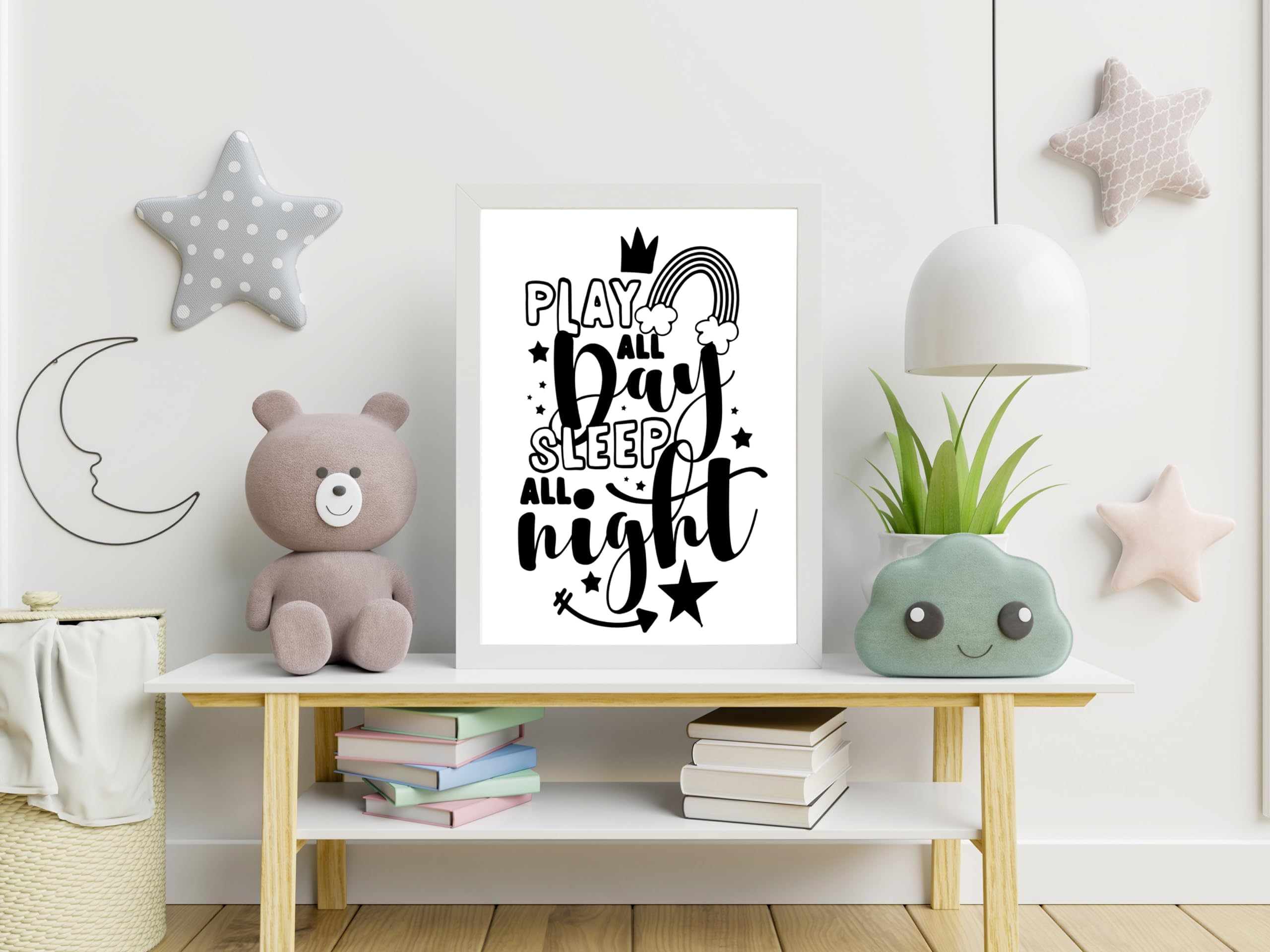 GIFTSHOPUK Play all Day, sleep all Night.| Typography Print | Monochrome Print Black And White Wall Print Art | A2 A3 A4 (White Frame - A2)