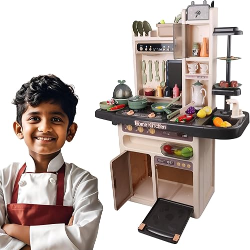 Miniatura 2 de Moderno juego de cocina para niños y niñas, con vapor, grifo de agua, música, luces y 65 accesorios, juego de cocina de simulación con tabla de
