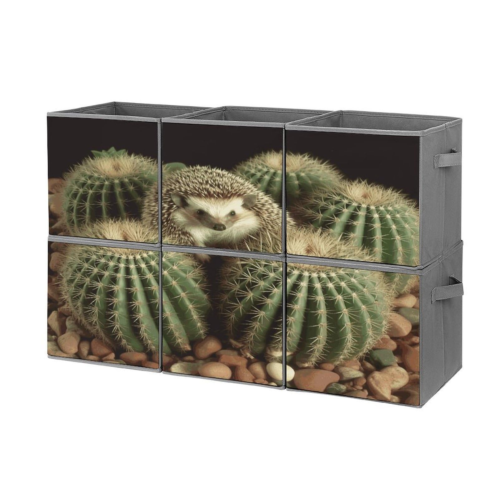 Btcowzrv Style Hedgehogs Cactus Storage Cubes, 6 Pack Oxford Fabric Foldable Collapsible Bins With Handles, Cubby Storage Baskets Boxes For Closet Shelves Office Organization