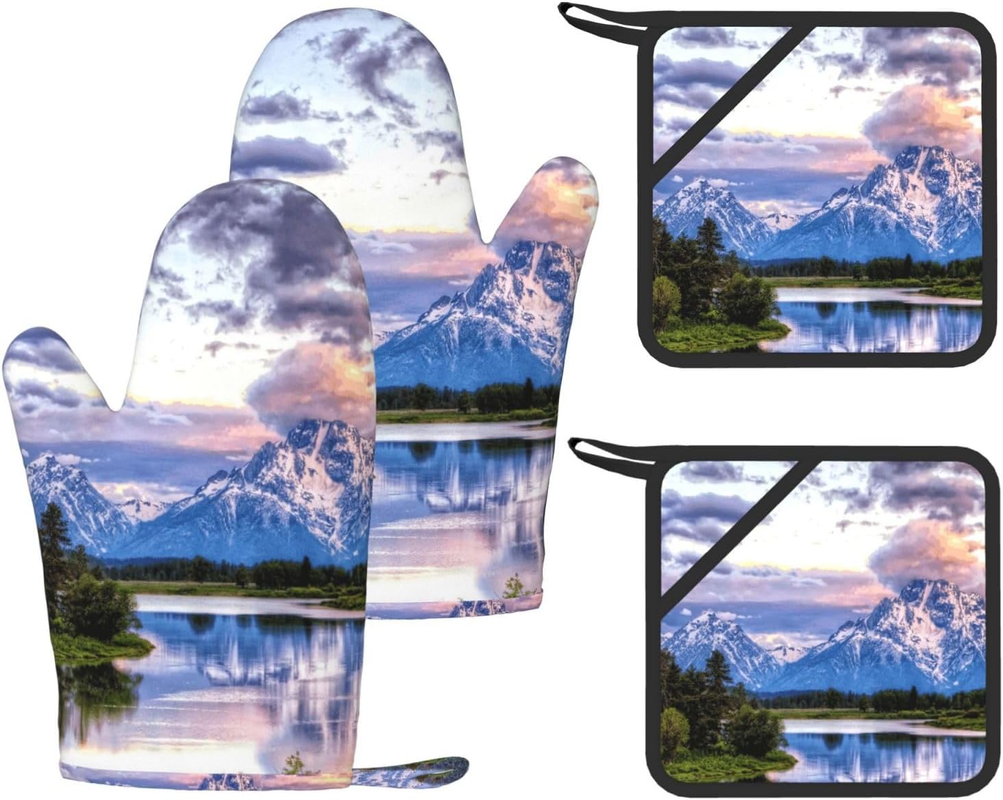 Grand Teton National Park Oven Mitts and Pot Holders Set of 4 Heat Resistant Kitchen Gloves with Silicone Palm Hot Pads for Baking Cooking Grilling BBQ