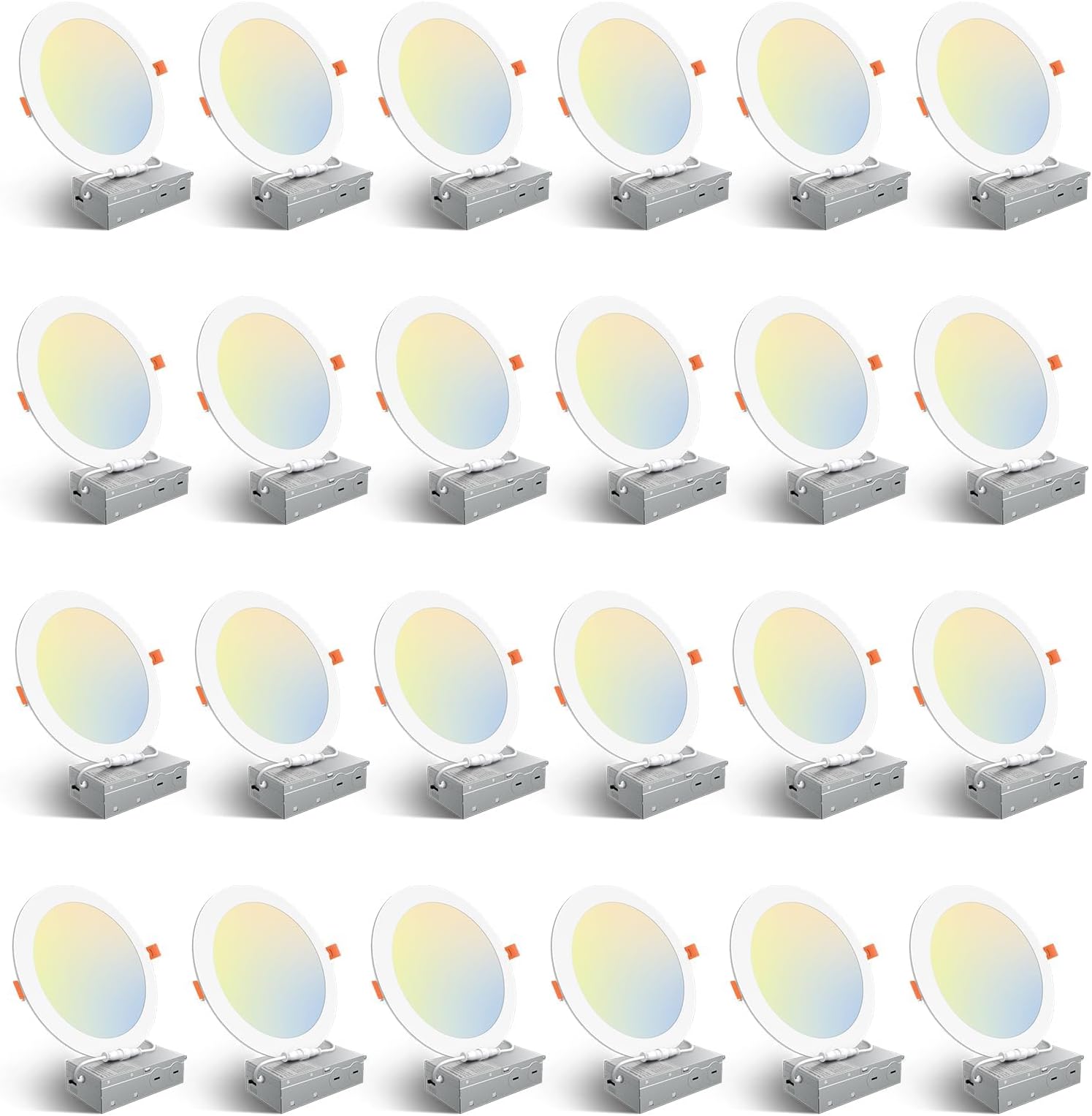 Amico 24 Pack 8 Inch 5CCT Ultra-Thin LED Recessed Ceiling Light with Junction Box, 2700K/3000K/3500K/4000K/5000K Selectable, 18W Eqv 125W, Dimmable Canless Wafer Downlight, 1500LM High Brightness -ETL