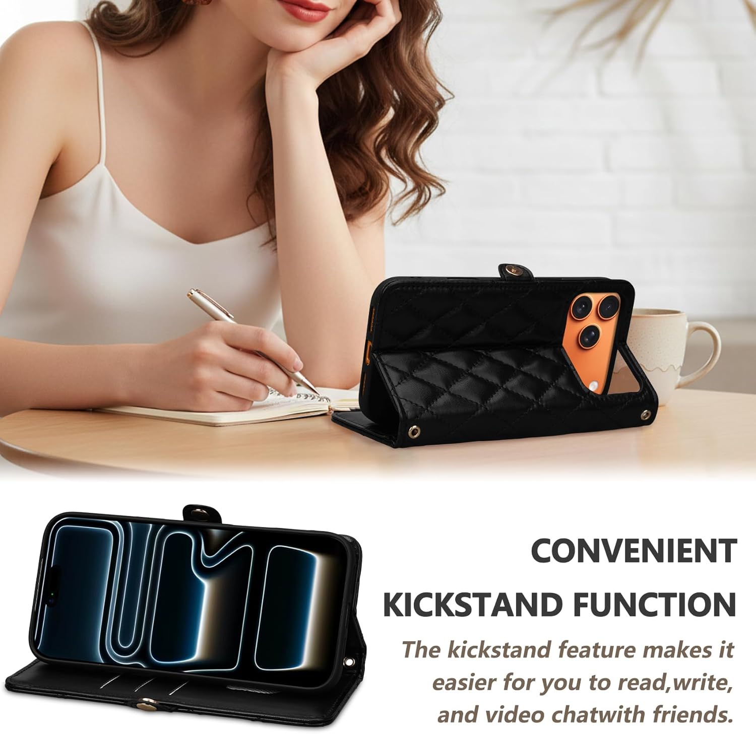 Rssviss Wallet Case for iPhone 17 Pro Max 6.9", Magnetic Clasps Card Holder Kickstand with RFID Blocking, Crossbody Strap & Wrist Lanyard, Flip Folio PU Leather Shockproof Cover for Women, Black