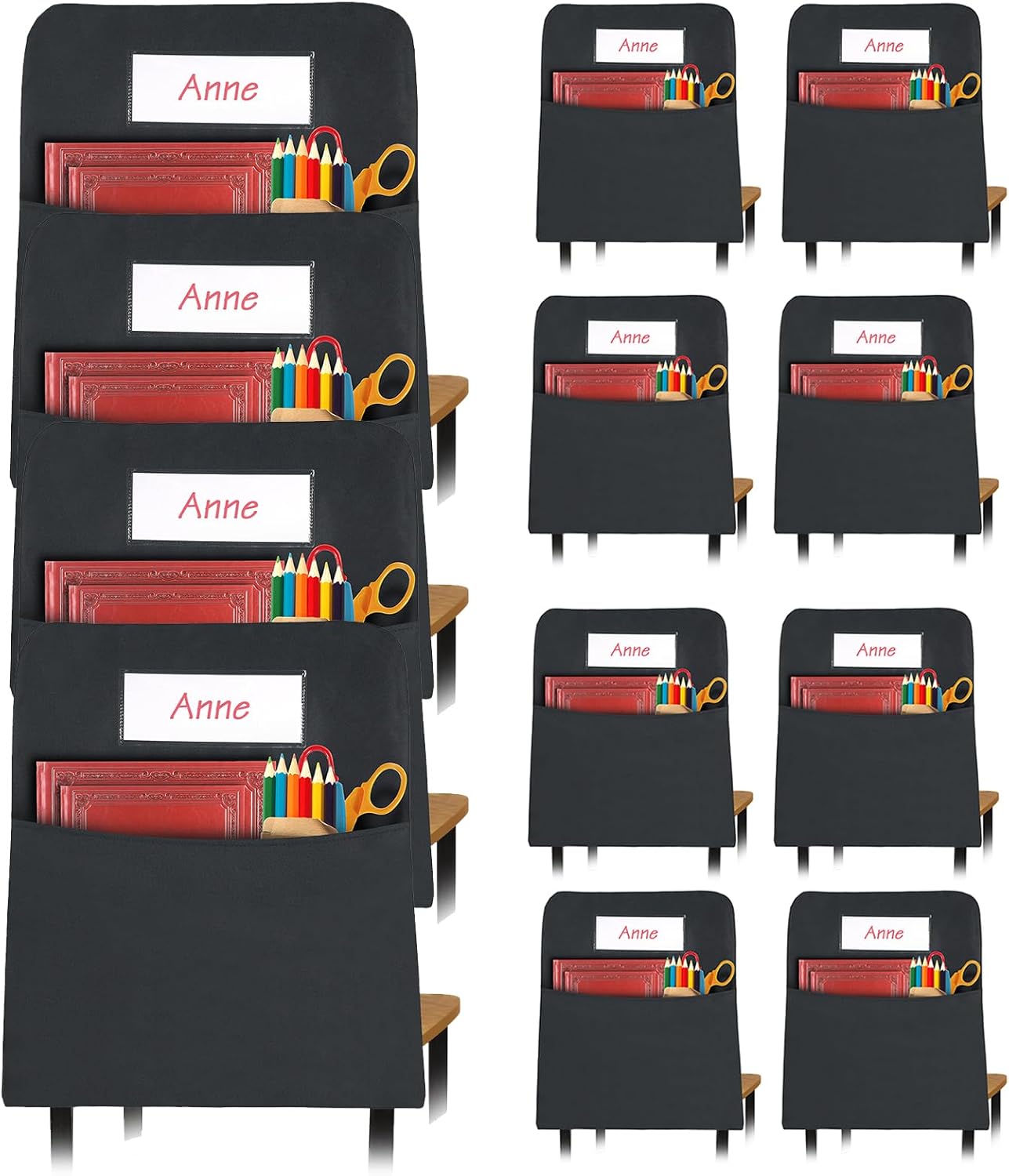 12 pcs black chair pockets for classrooms, 20 x 17 inch seat sacks for classroom chairs k-2 with name tag for organizing classroom supplies fits students school office college