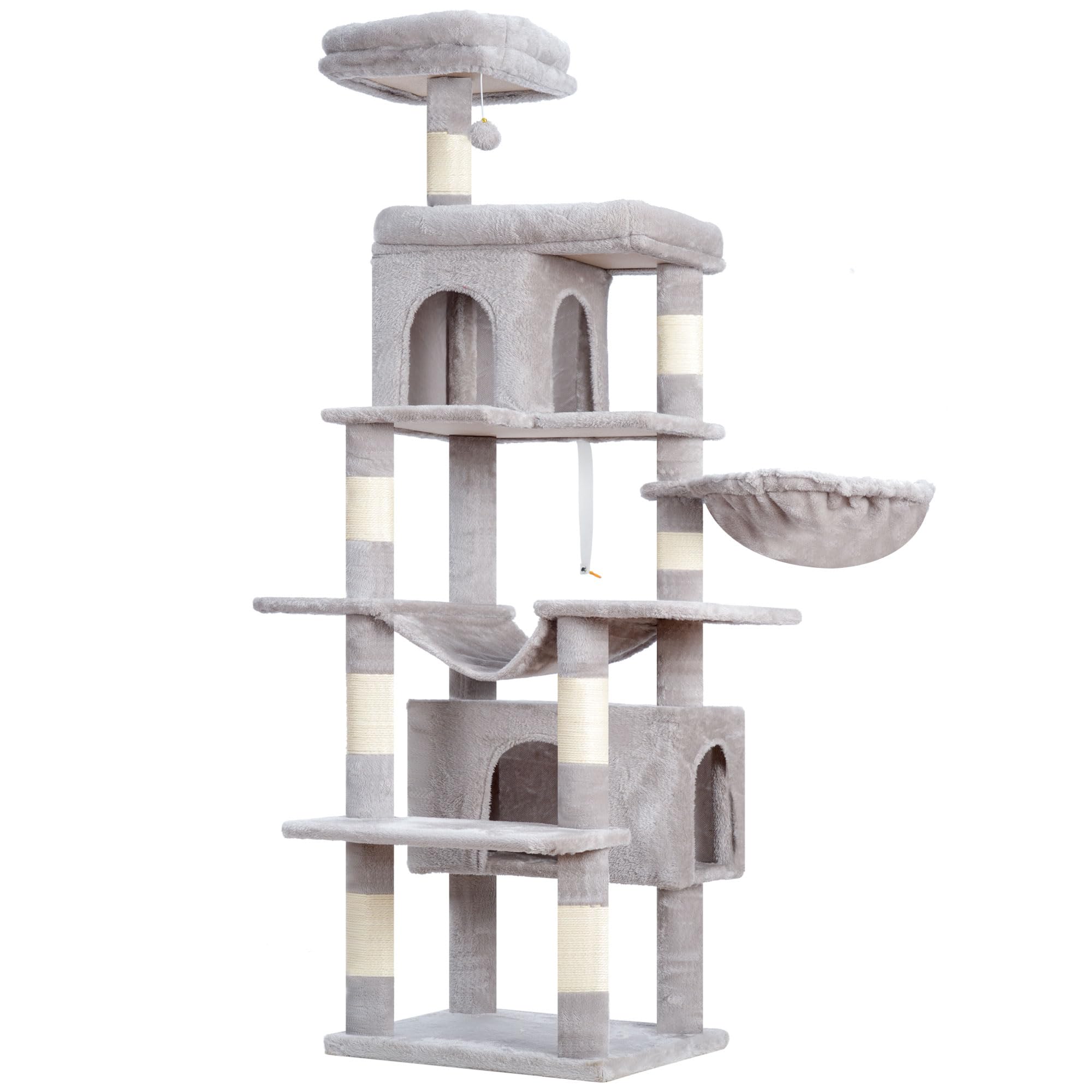 Heybly Arbre À Chat, De 178 cm De Hauteur, Colonne À Griffer pour Les Chats D'Intérieur, Arbre À Chat Multi-Étagé avec 8 Colonnes À Griffer, 2 Trou, 2 Plateformes, Hamac, Panier, Gris Foncé HCT036W