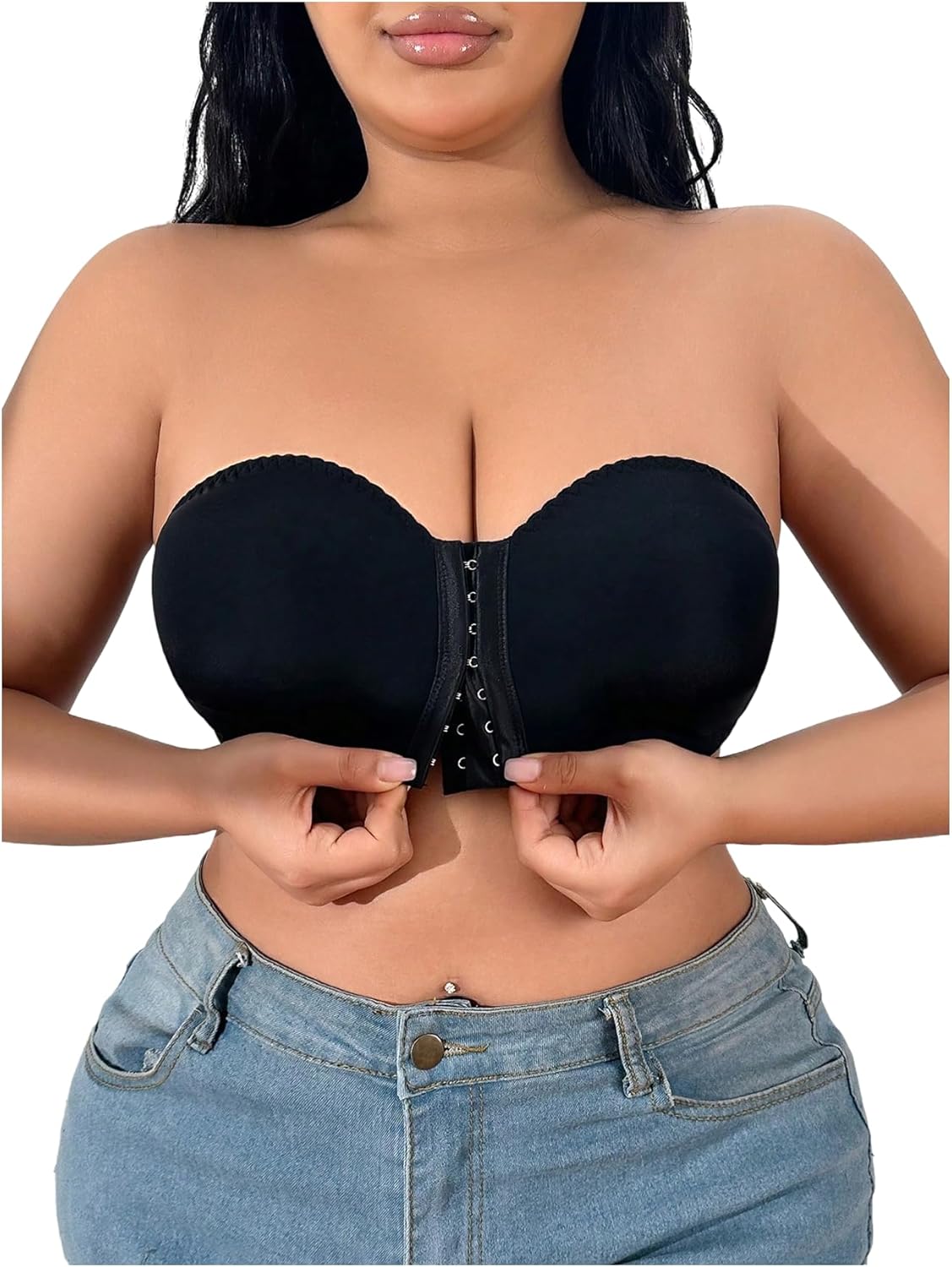 GORGLITTER Women's Plus Size Bra Strapless Front Closure No Padding Comfort Wireless One Piece Backless Bandeau Bra