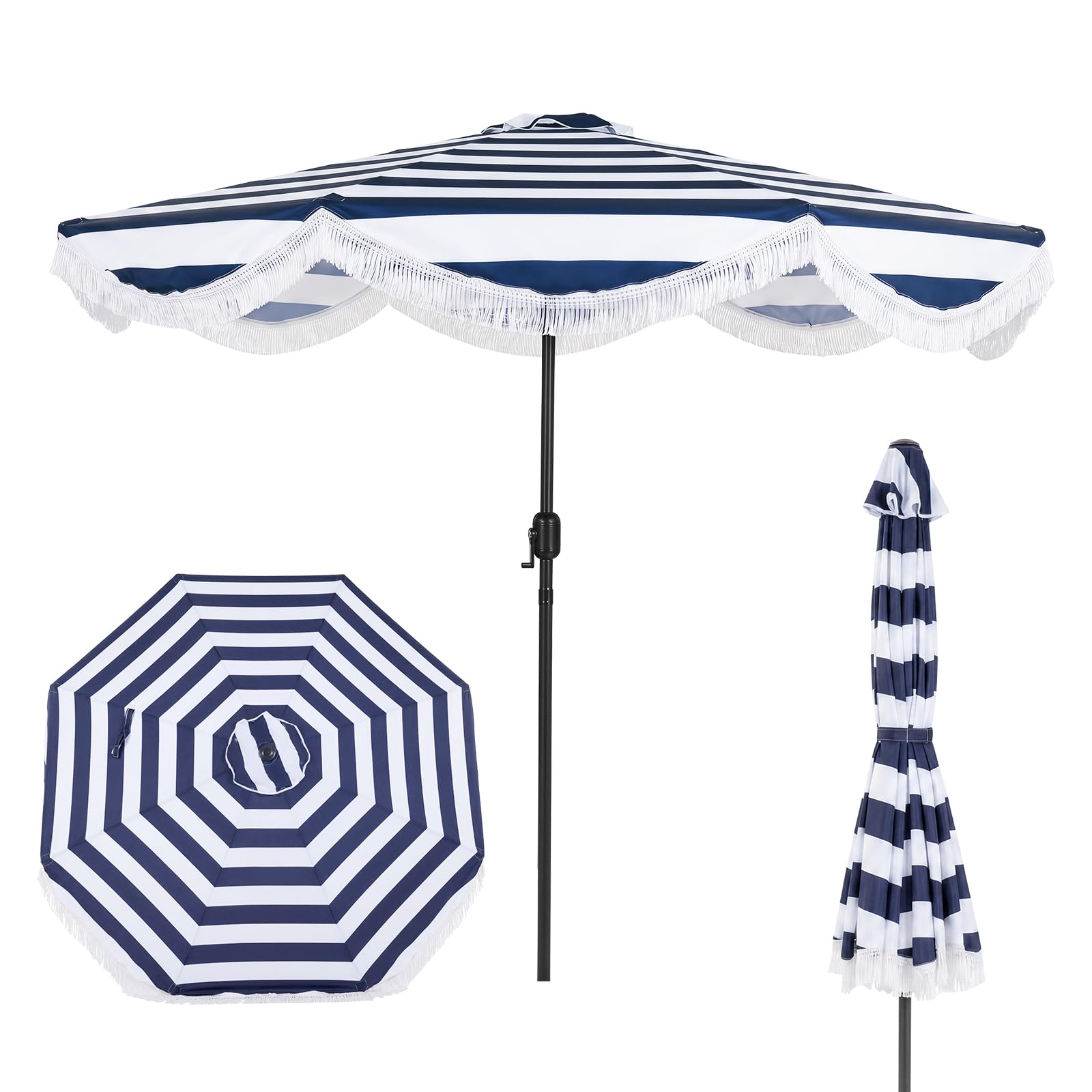 COSTWAY Ombrellone da Giardino 270 cm con Inclinazione 30° e Manovella | Ombrellone da Spiaggia Decorazione a Frangia, 8 Stecche, Protezione Solare, per Spiaggia, Terrazzo e Piscina