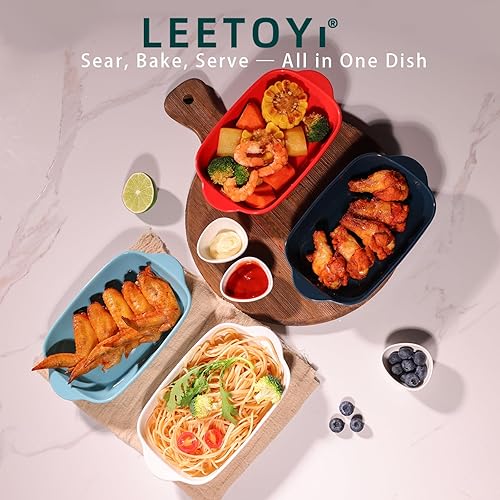 Miniatura 4 de LEETOYI Plato de cerámica para hornear pequeño, de porcelana, rectangular de 2 piezas con doble asa, moldes para hornear para cocinar y cenar