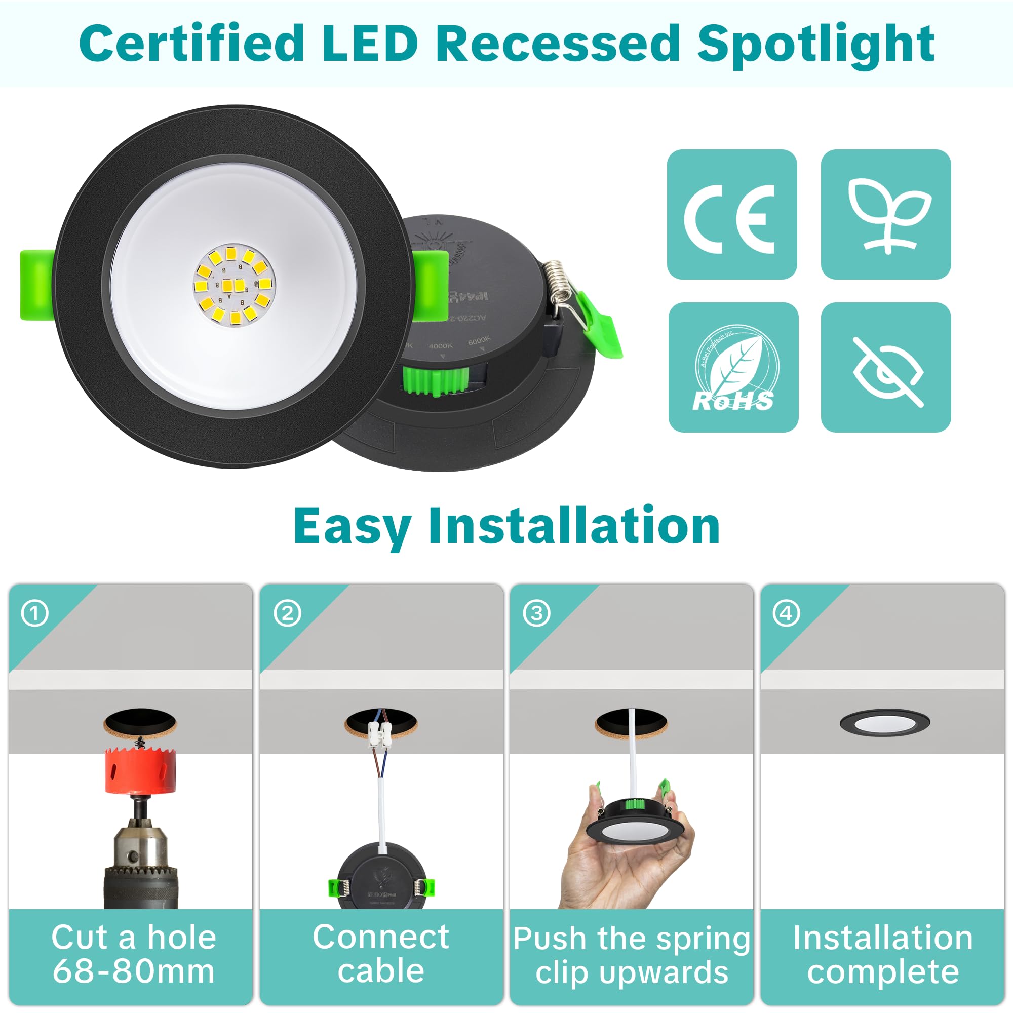 LED Einbaustrahler 230V Flach, 68-80mm Lochmaß 5W LED Spots, 2700K/4000K/6000K Einbauleuchten Einbauspots, IP44 Spots Deckenleuchte für Bad, Deckenspots Schwarz 10er Set (Nicht Dimmbar)