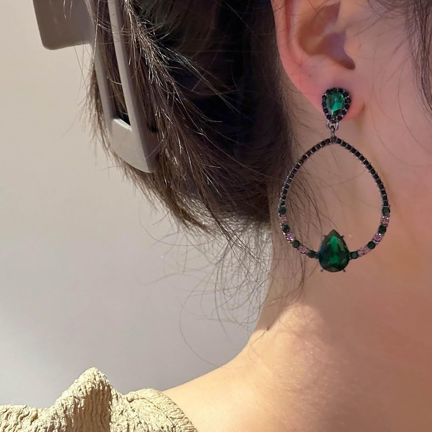 Boho Emerald Drop Earrings Hollow Teardrop Earrings Green Crystal Earrings Sparkly Cz Earrings Exaggerated Earrings Jewelry for Women and Teen Gifts - Image 5