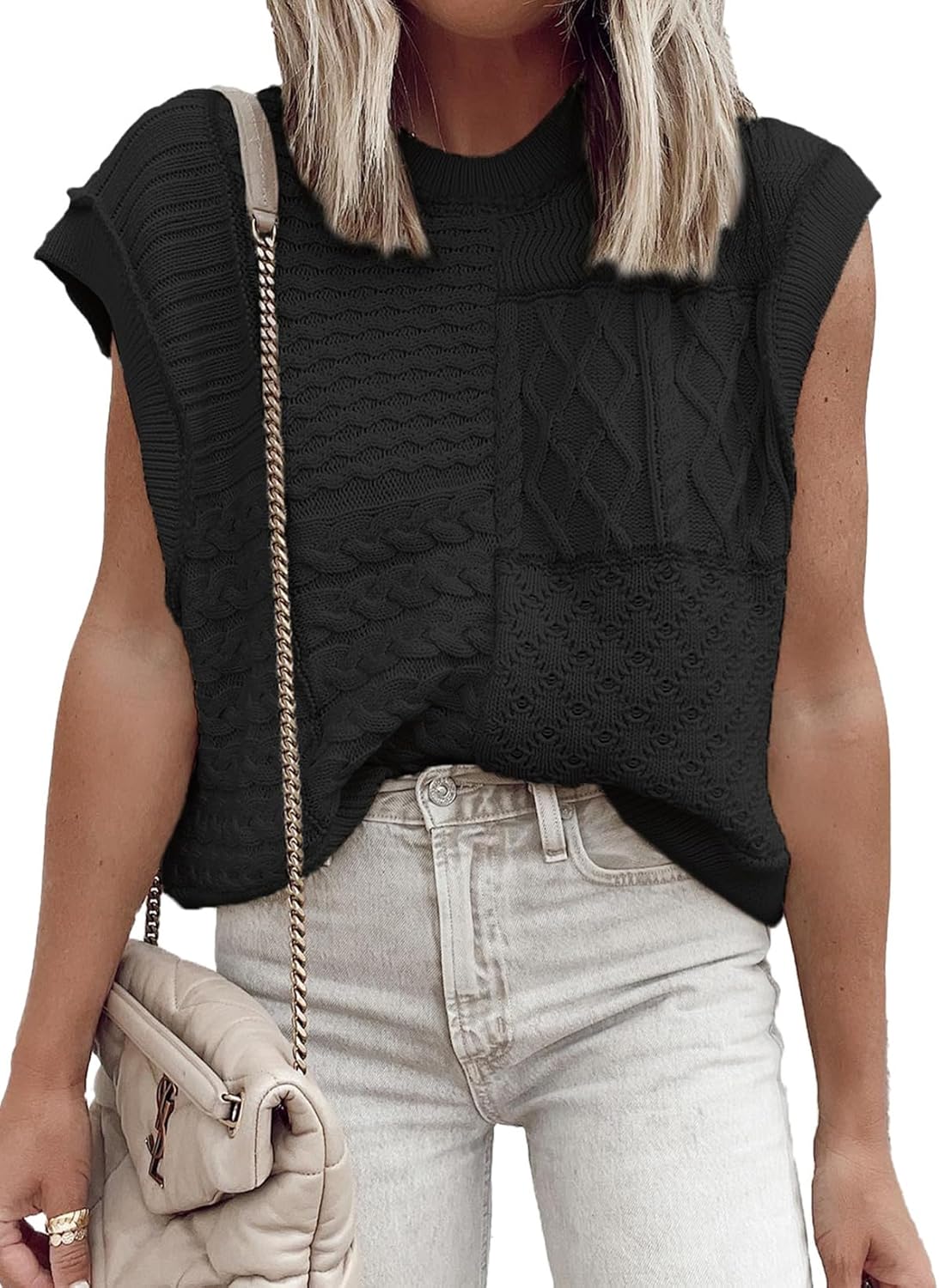 EVALESS Womens Short Sleeve Sweater Summer Fall 2025 Round Neck Crochet Pullover Cap Sleeve Knit Oversized Sweater Vest Tops