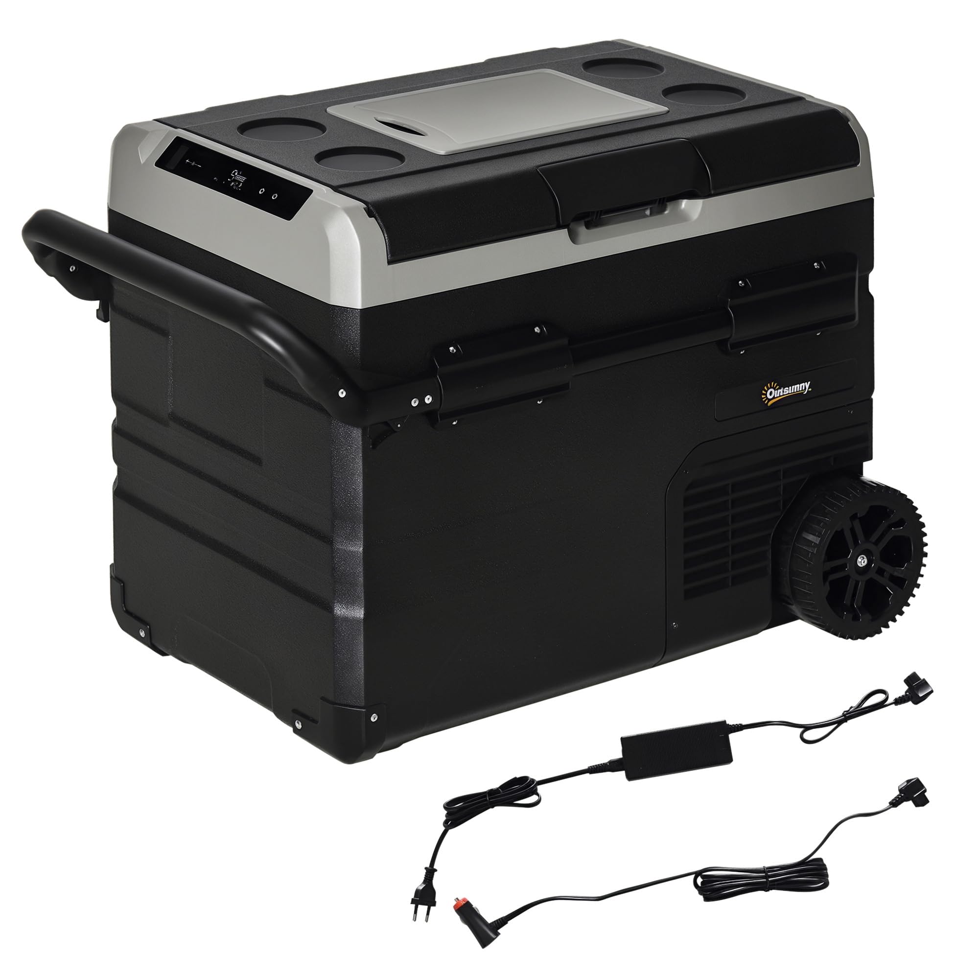 Outsunny Nevera Compresor Portátil 60L Nevera Portátil Eléctrica para Coche Congelador CC 12V/24V hasta -20℃ con Pantalla LED Táctil Asa Retráctil Ruedas para Camping Viajes 71,1x46x57,1 cm Negro
