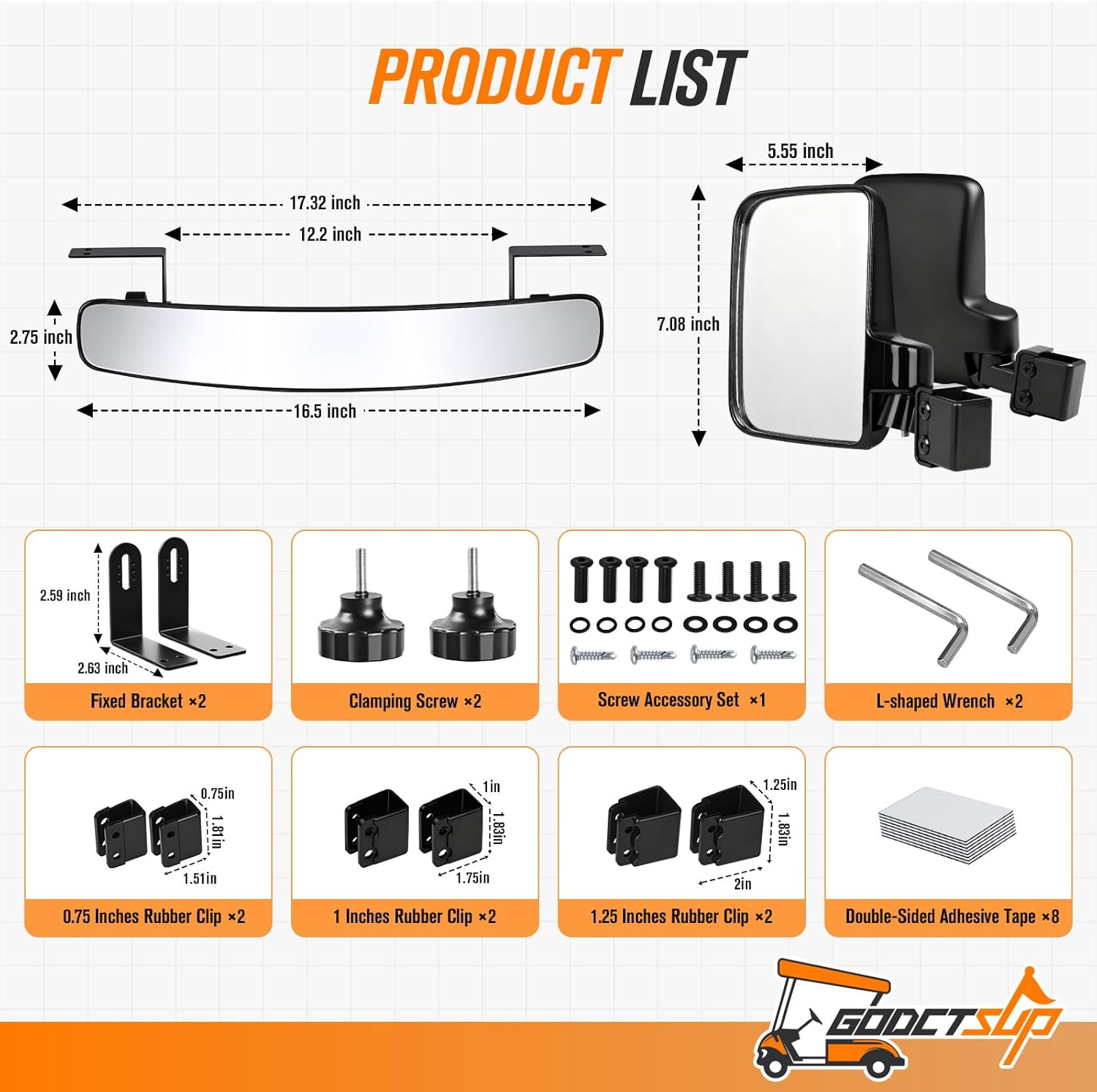Golf Cart Mirrors, Universal Panoramic Golf Cart Rear View Mirror & No Drilling Golf Carts Side Mirrors Kit for Club Car EZGO YAMAHA and Others Carts, Durable Anti-Shudder, Safety Upgrade