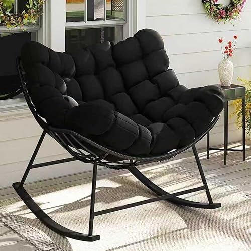 Kromax Oversized Outdoor Papasan Rocking Chair, Wicker Egg Chair Rocker for Outside, Supports 350 lbs, Comfy Patio Rocker, Large Indoor Rocking Recliner, Modern Egg Style, Black
