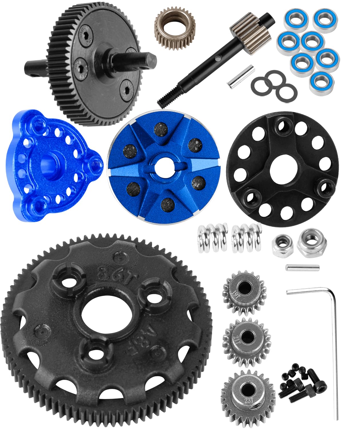 RCHuiWow RC Transmission Gear &48P 86T w/19T 21T 23T Pinions &Slipper Clutch &Pressure Plate &Slipper Rebuild Kit Upgrades Part for 1/10 2WD Slash/Rustler/Stampede/Bandit 2WD(VXL) RC Car,Navy Blue