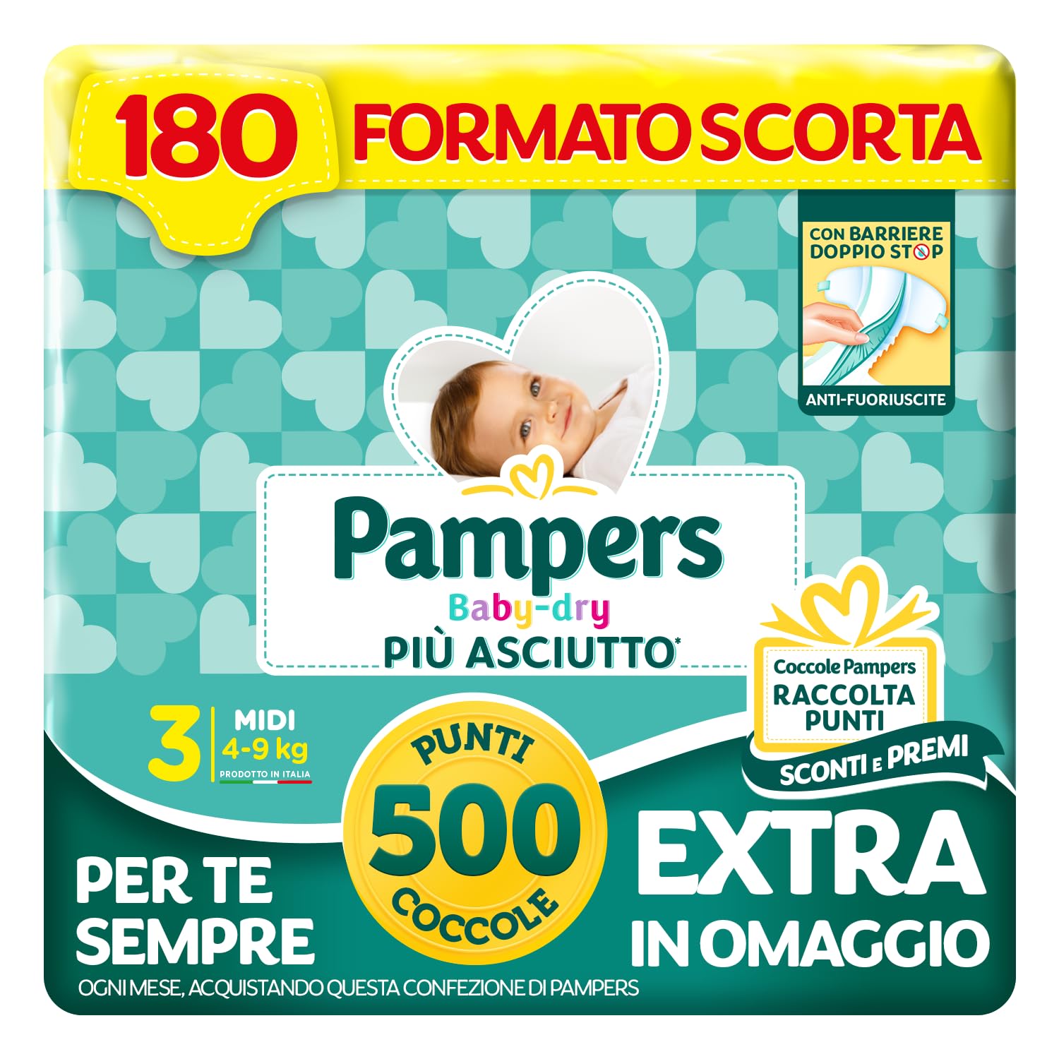 Pampers Baby Dry MIdi, rozmiar 3 (4-9 kg), 180 pieluch, 500 punktów, dodatkowe przytulanki w zestawie