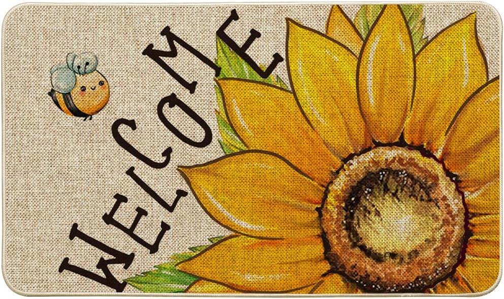 Artoid Mode Sunflowers Bee Welcome Summer Doormat, Seasonal Summer Holiday Yard Floor Switch Mat for Indoor Outdoor 24x35 Inch
