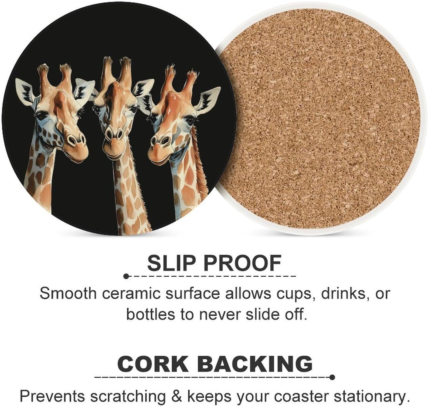 Giraffes Funny Round Ceramic Coasters Print Drinks Absorbent with Cork Base for Home Decor Gifts 4 Inch