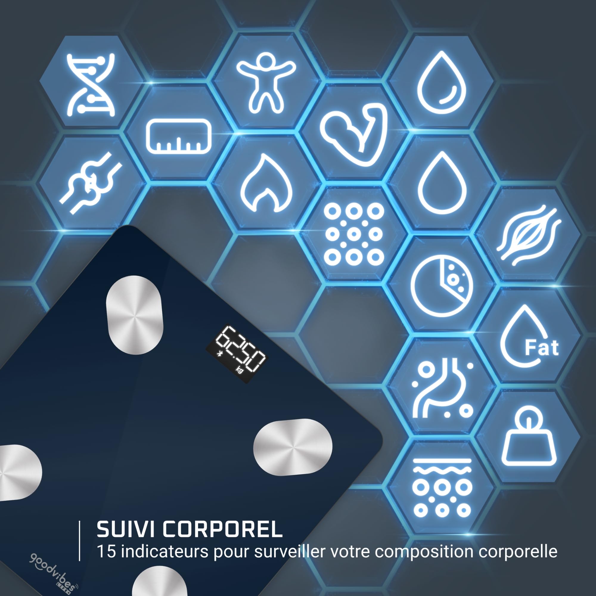 Rowenta Goodvibes Life + 2.0, Pèse-personne connecté, Application intuitive, 15 indicateurs corporels, Haute précision, Utilisateurs illimités, BR9720F0