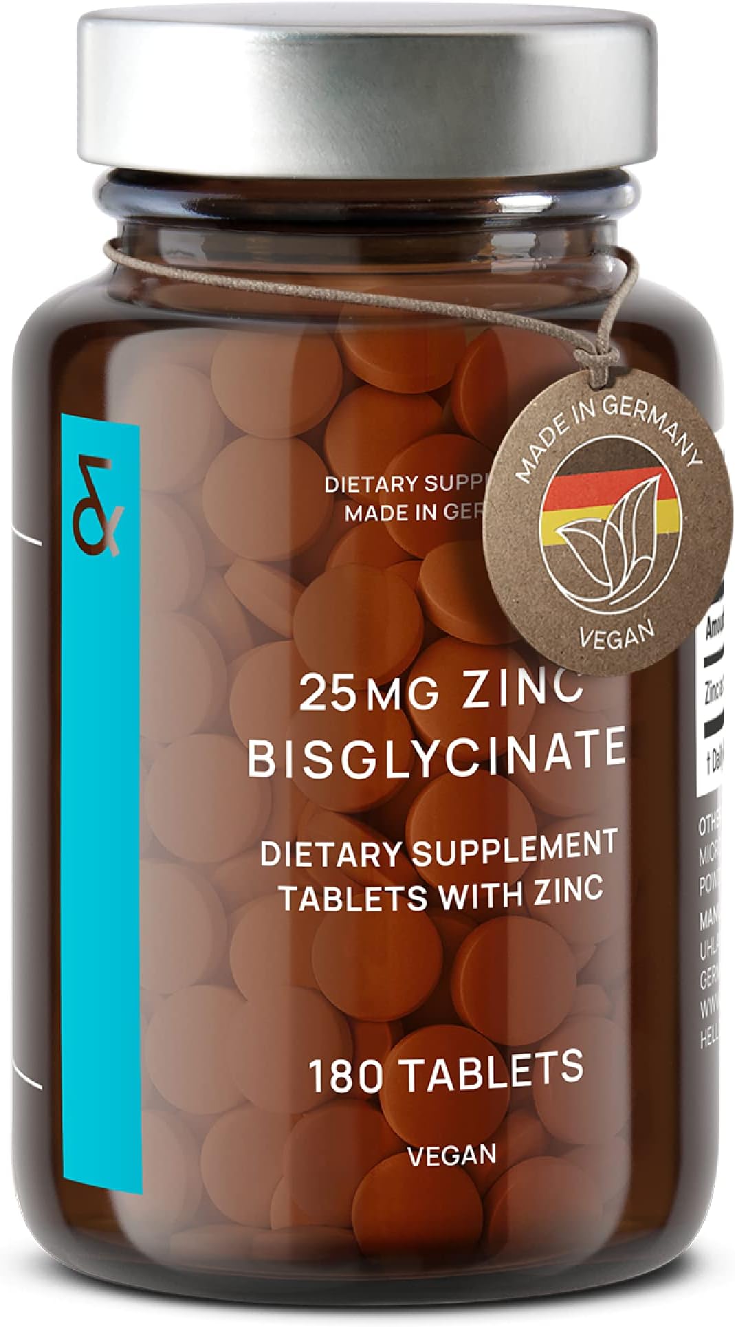 Zinc 25mg Vegan Certified - 180 Elemental Zinc Tablets in a Jar (6 Months Supply) - High Strength Zinc Bisglycinate Mineral Supplement - Supports Immune System, Hair, Skin & Nails for Women & Men